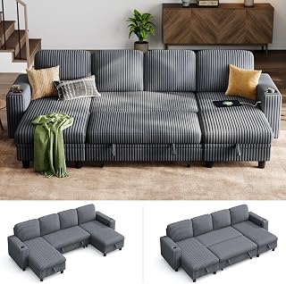 LINSY HOME Sectional Couches for Living Room, 106" U Shape 4 Seats, Grey | Sleeper sofa with pull out couch bed, corduroy couch with storage