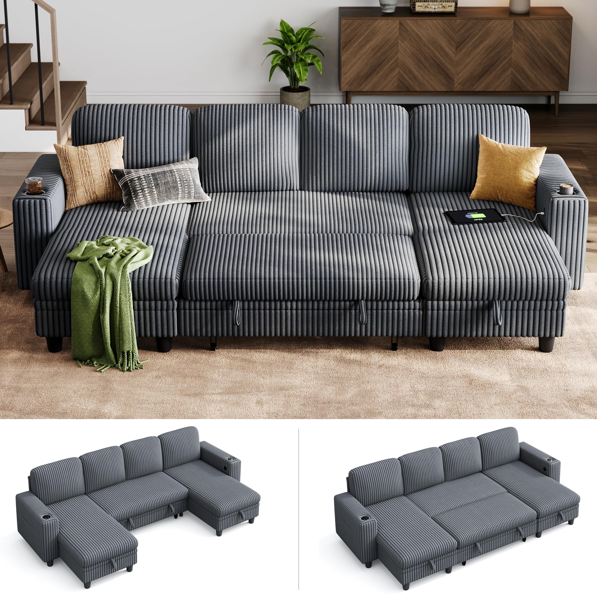 LINSY HOME Sectional Sleeper Sofa with Pull Out Couch Bed - Convertible Plush Corduroy Cloud Couch with Storage Chaise & USB Charging, Comfy U Shaped Modular Couches for Living Room, Grey