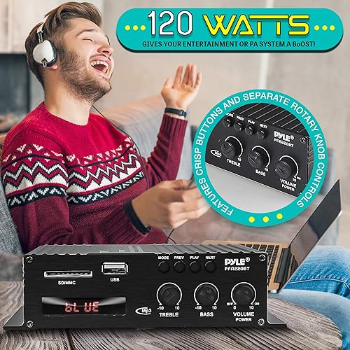 Miniatura 4 de Pyle Amplificador de audio de potencia Bluetooth Class-T - Caja receptora estéreo de sonido de doble canal de 120 W con USB, RCA, adaptador de 12 V