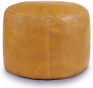 Thgonwid Unstuffed Faux Leather Pouf Cover, Handmade Footstool Ottoman Storage Solution, Floor Footrest Cushion - 16.5”Dx12”H, Yellow