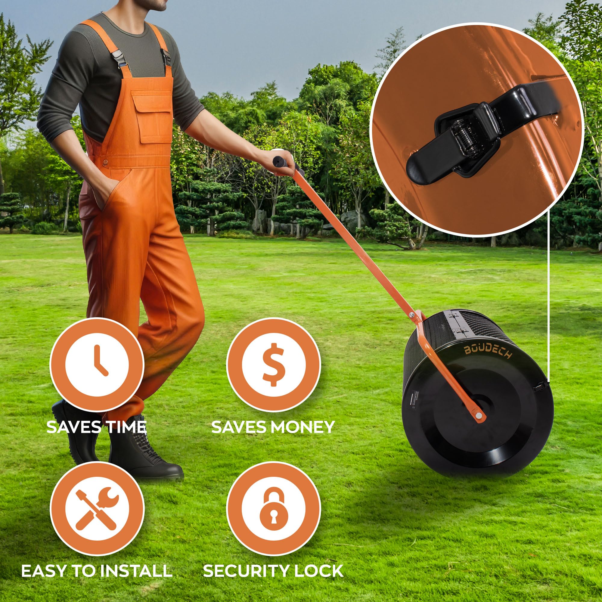 BOUDECH Spreader – Esparcidor de rodillo de jardín 60 x 107 x 39,5 cm para abono y siembra, jaula de metal naranja