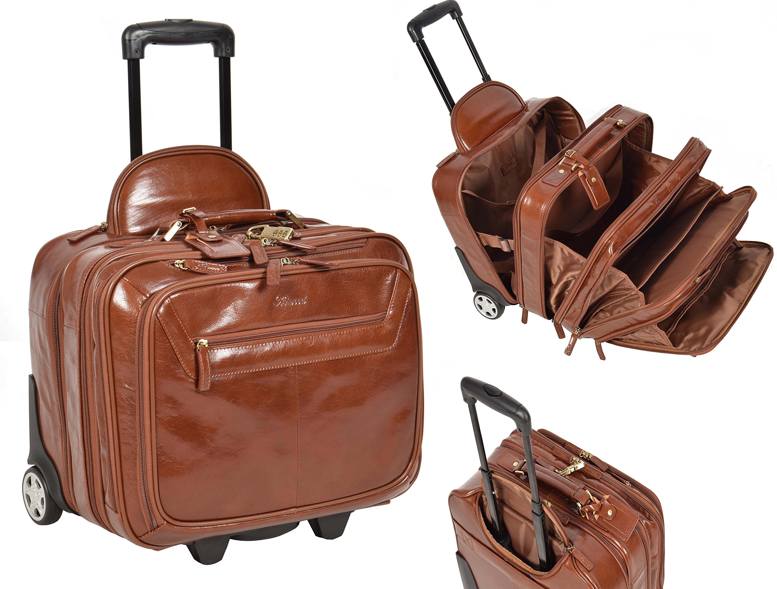 A1 FASHION GOODS Maletín de piel de castaño real con ruedas, para portátil, negocios, viajes, fin de semana, bolsa de cabina AL1, marrón, M, Funda Pilot de piel rodante