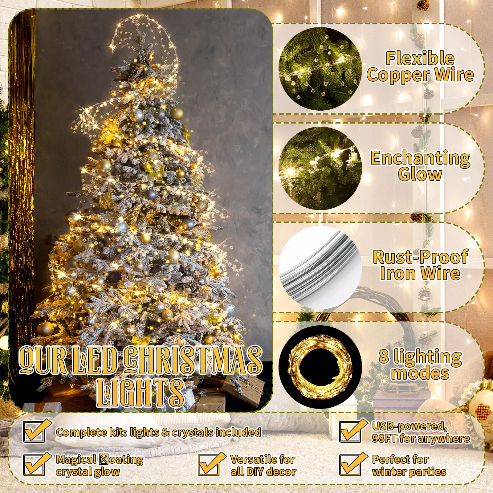 Glooglitter Décoration de sapin de Noël, guirlande lumineuse en cristal de 29,9 m, 300 LED en fil de cuivre avec ornements en forme de goutte, décoration scintillante pour Noël d'hiver et d'intérieur