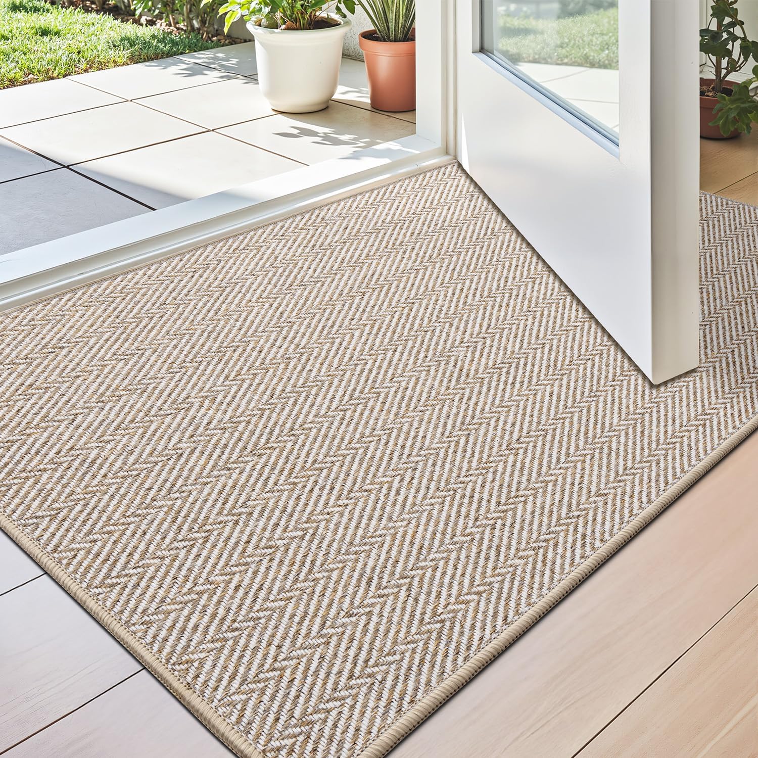 Photo 1 of  LUMI Ultra Thin Indoor Door Mat for Entrance 24"x36", Non Slip Entryway Mat, Low Profile Doormat, Unique Herringbone Design Carpet for Inside, Patio, Porch, Beige 