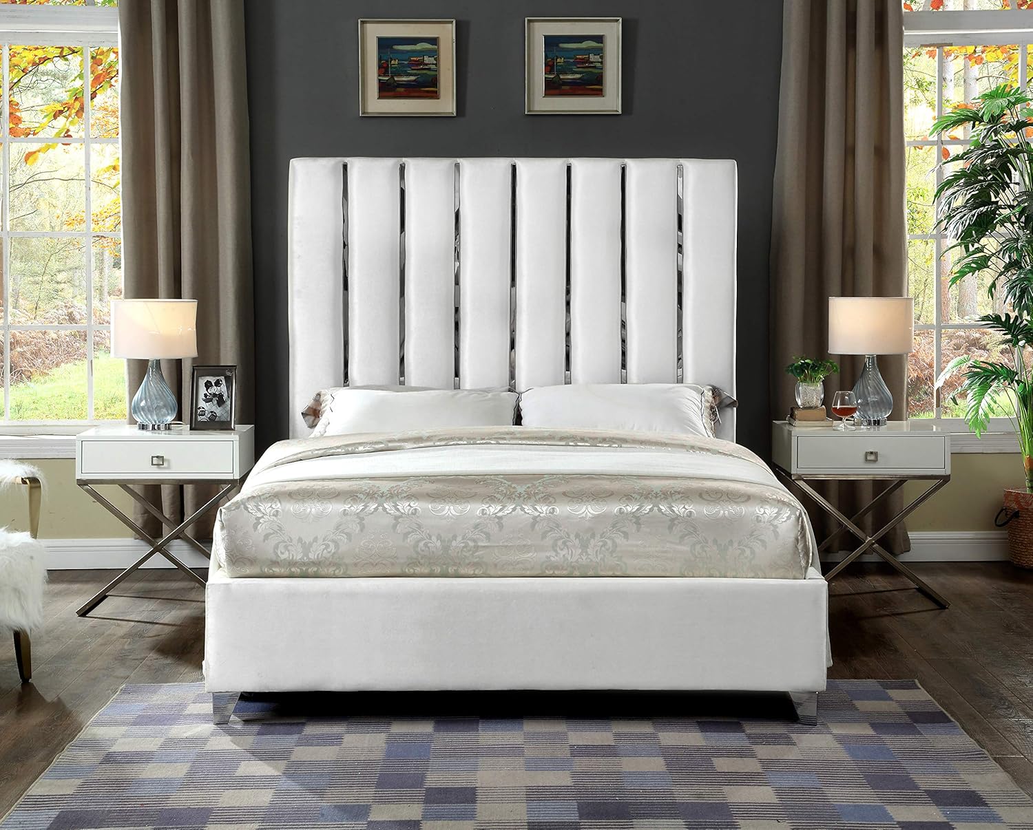 Meridian Furniture Enzo Collection Modern | Contemporary Velvet Upholstered Bed with Deep Channel Tufting and Chrome Accent Design, White, King