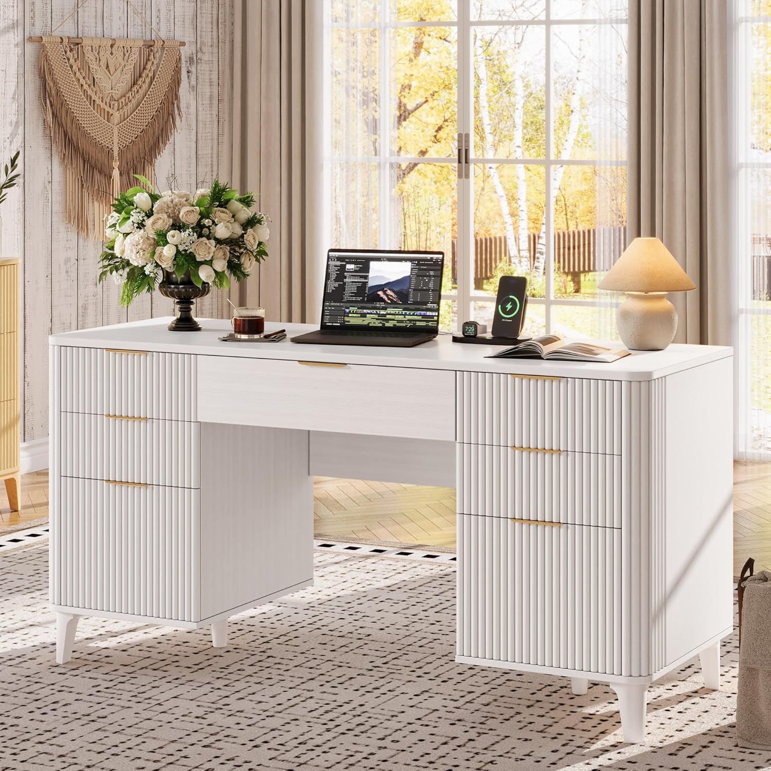55.1" Fluted Executive Desk with Drawers, White Desk with Storage Cabinet, Home Office Desk with Charging Station, Farmhouse Desk with File Cabinet for Office Home