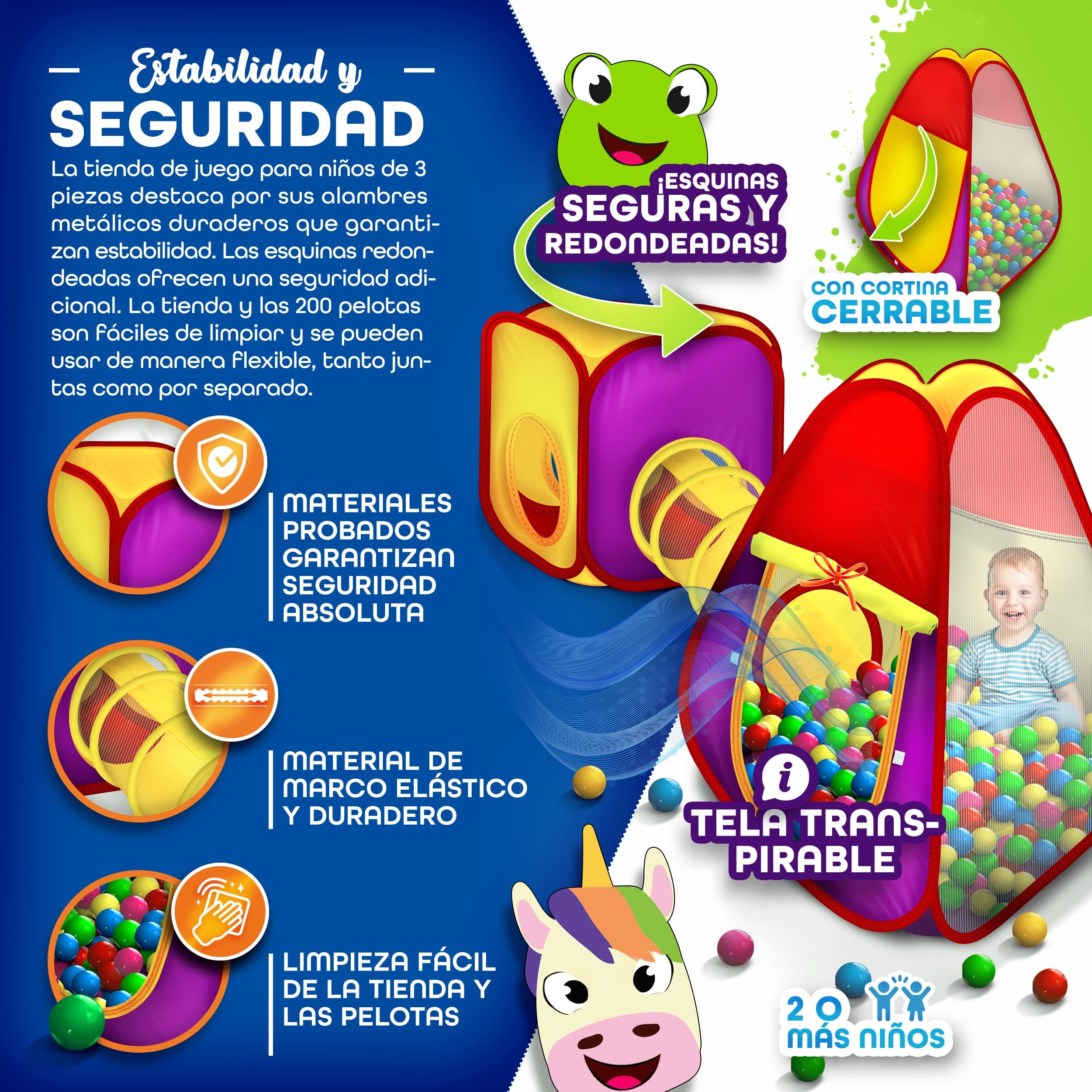 KIDUKU® 3 en 1 Carpa de Juegos para niños/Tienda de campaña Pop up Infantil para Jugar + Túnel de Tela + 200 Bolas + Bolsa para Transportar – Uso Interior y Exterior