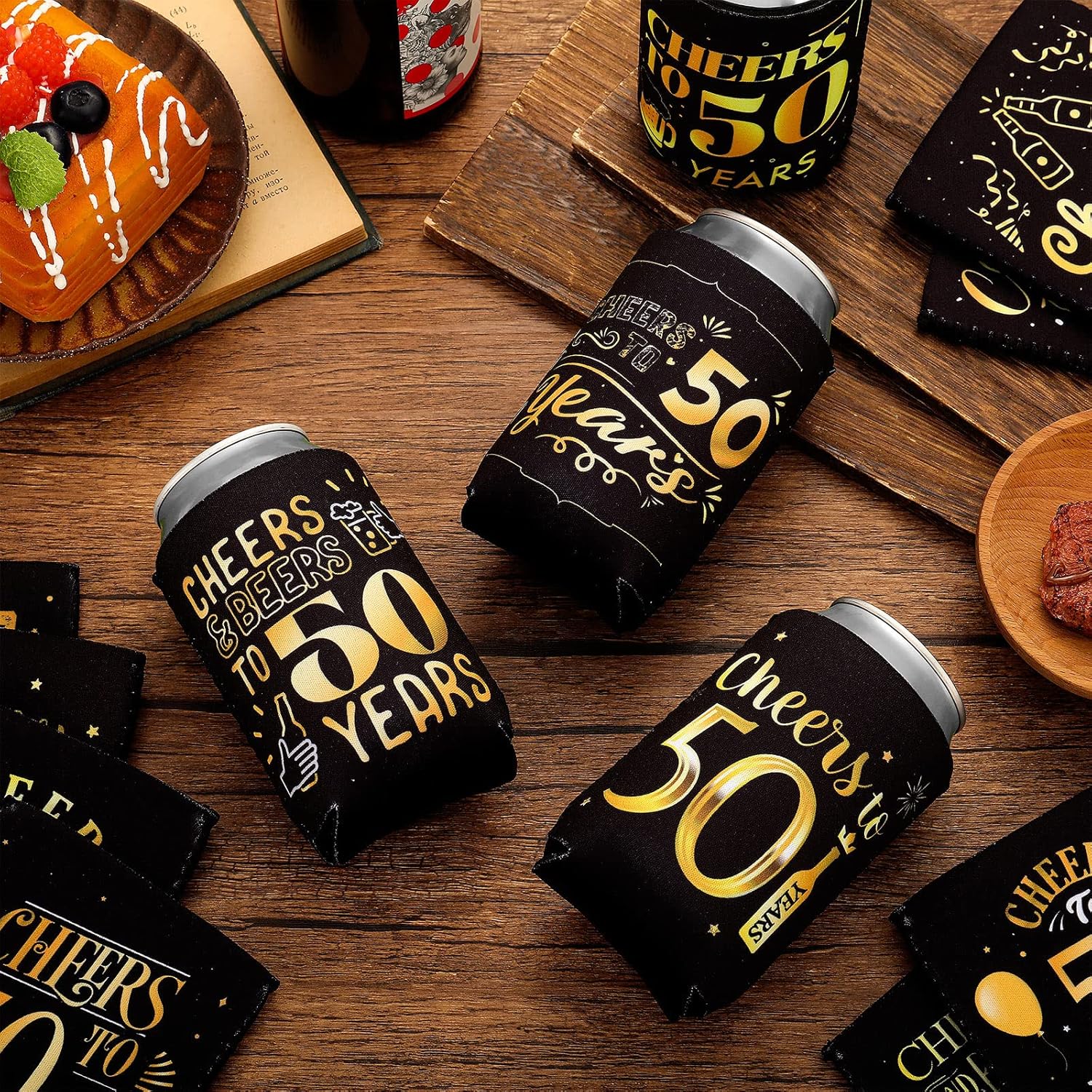 Umigy 48 Pcs 50th Birthday Party Favors Cheer to 50 Years Can Sleeve 50 Years Old Birthday Decorations Black and Gold over the Hill 50th Party Supplies for Men Women Guests