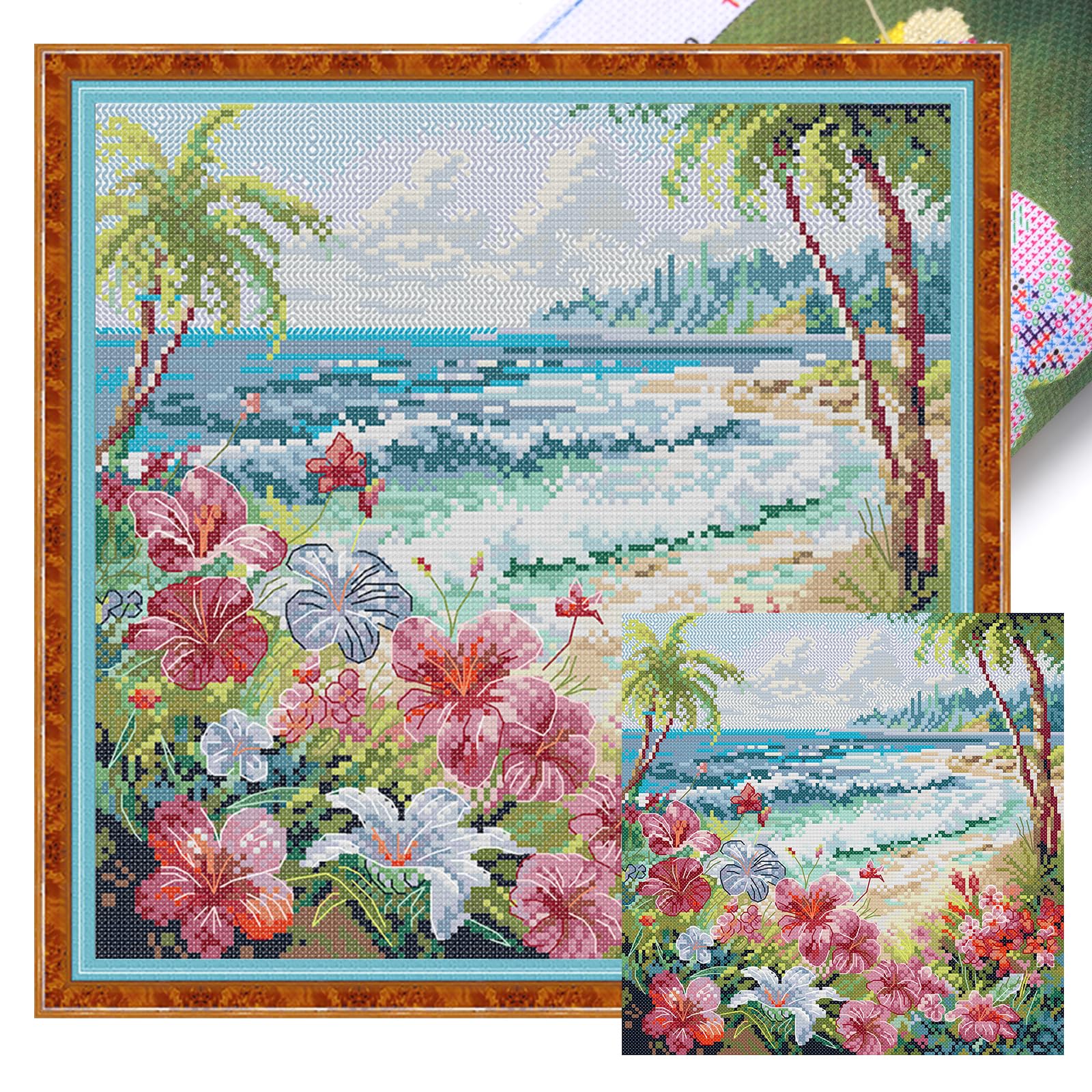 POETRYDRAW Seaside Flowers Full 14CT 2 Strands DIY Stamped Cross Stitch Kits 31x31cm Embroidery Needlepoint Starter Kits for Beginners Adults Home Decor (FA685)