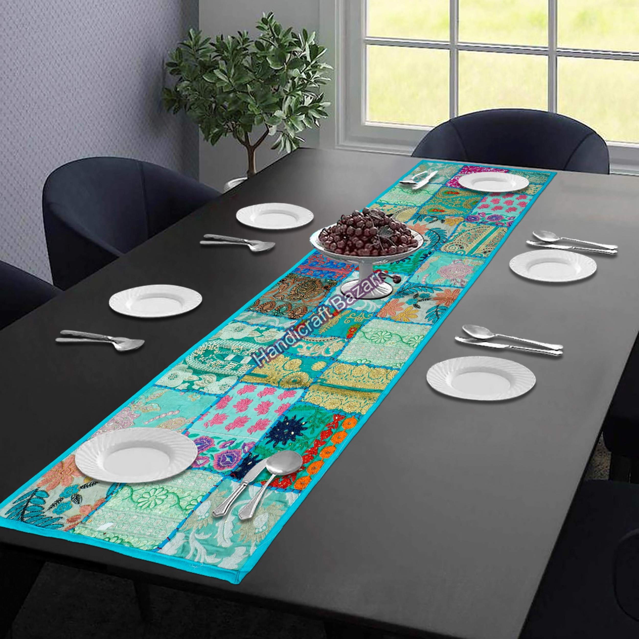 Handicraft Bazarr Traditional Table Runner Patchwork Design Cloth 16x60 Inch Kambadiya Placemat Runner Festival Decorative Central Table Plate Runner Embroidered Cotton Table Bowl Runner (Sky Blue)