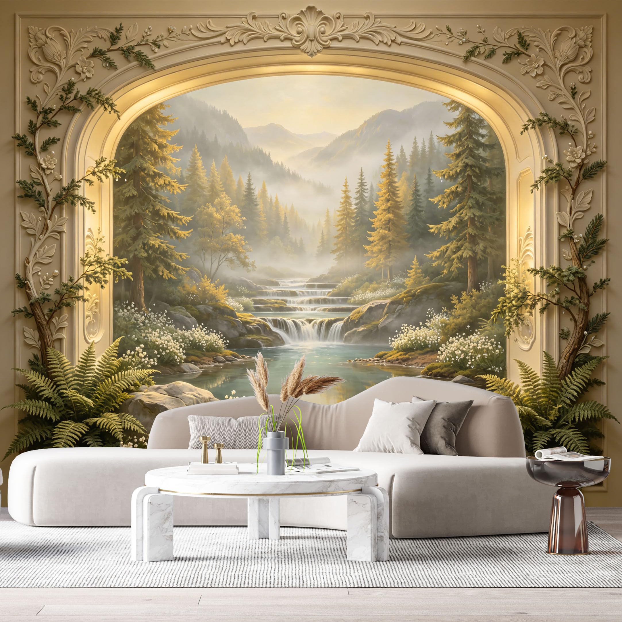 Custom Size Wall Murals Mountain Lake Forest Waterfall Neoclassical Arch 3D Trompe L'Oeil SelfAdhesiveWall Fabric Removable Wallpaper Wall Decor for Living Room Bedroom Bathroom