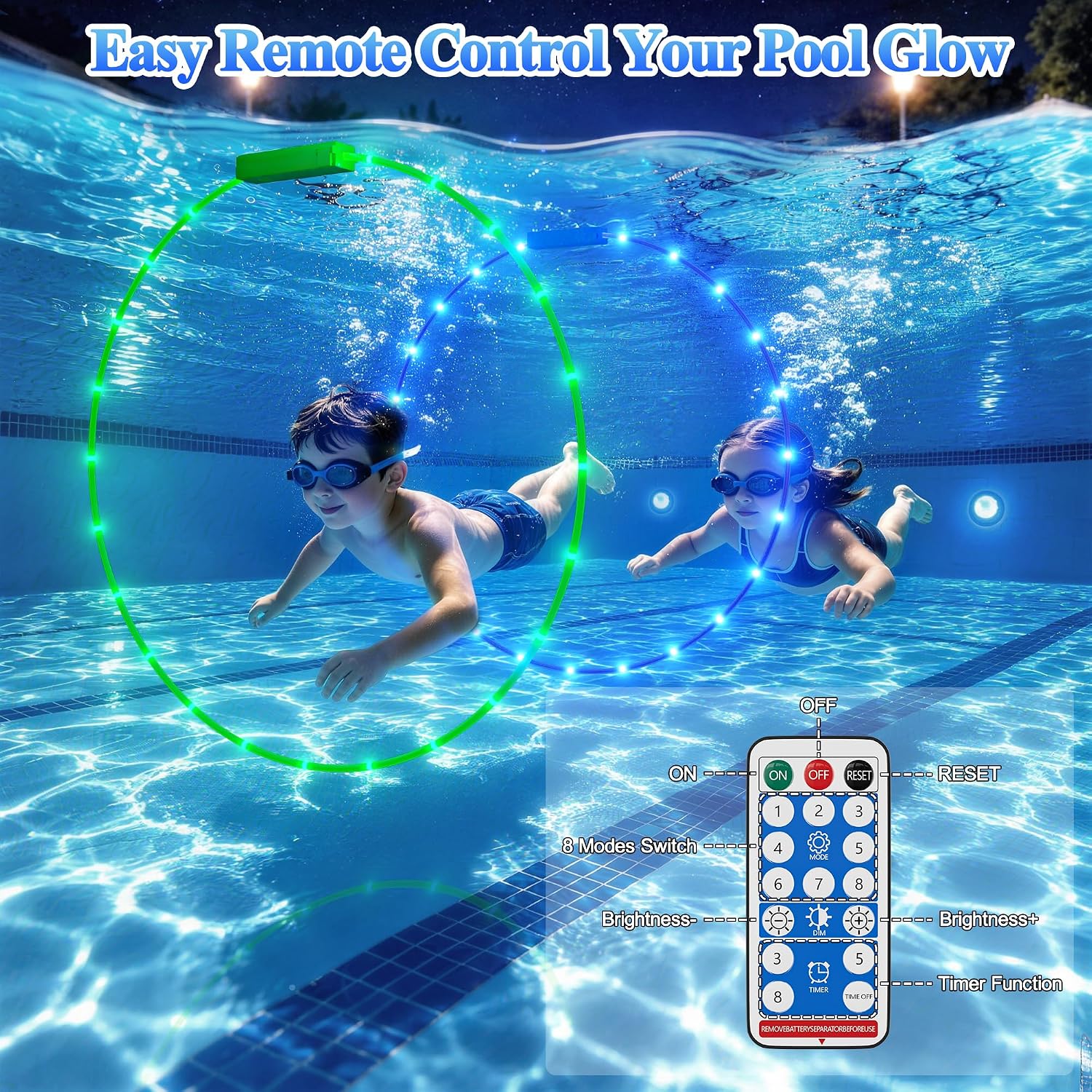 Solar Pool Diving Rings with Light for Kids 4-12 Dive Toys Rings 30 In | Pool Swim-Through Rings with Light, Remote, Made of Metal & ABS, Underwater Water Training Sports, Pool Party Games