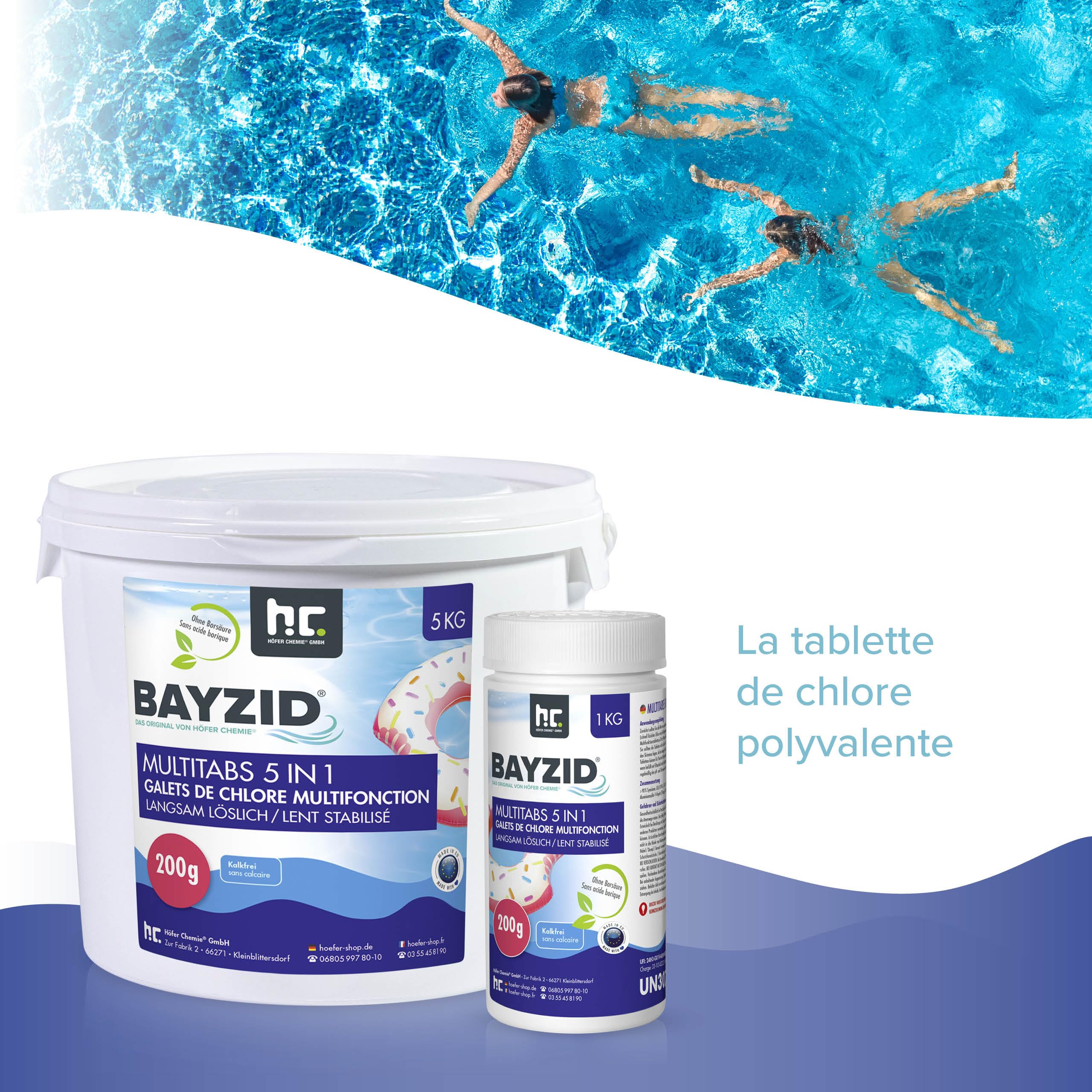Höfer Chemie 5 kg Galets de Chlore (200g) Multifonction 5 en 1 pour Piscine - Entretien et Nettoyage en 5 Phases - Fabriqué en Europe - pour Une Eau Limpide