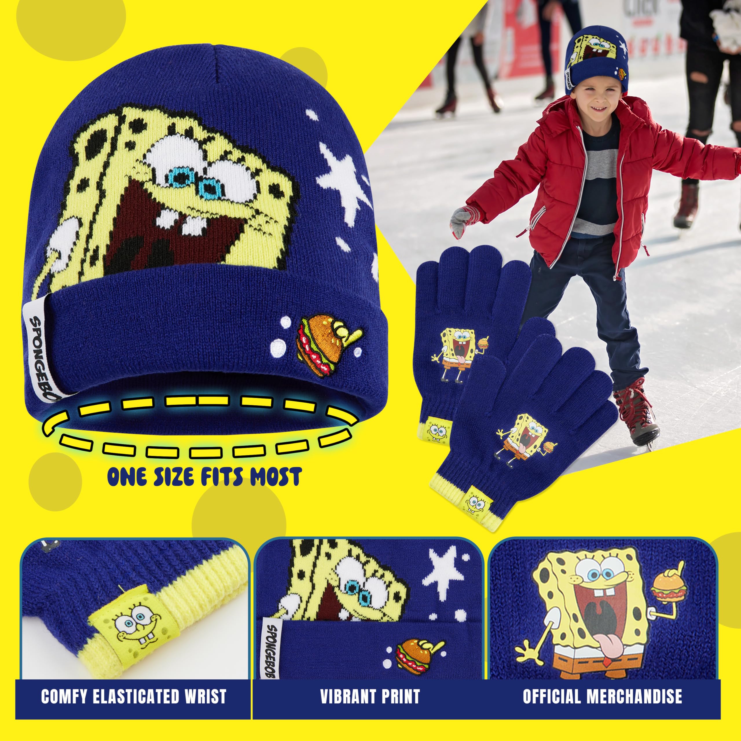 SPONGEBOB SQUAREPANTS Conjunto de Gorro y Guantes para Niños - Regalo Niño