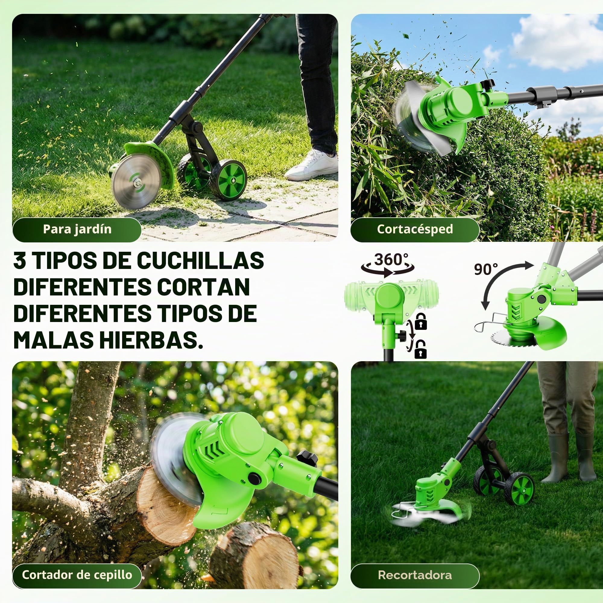 Desbrozadora Eléctrica a Batería 21V 650W, Cortabordes 4 en 1 Multifunción con 2 Baterías 2000mAh, Ruedas Desmontables, Cabezal Ajustable 90°, Herramienta de Jardín para Césped, Bordes