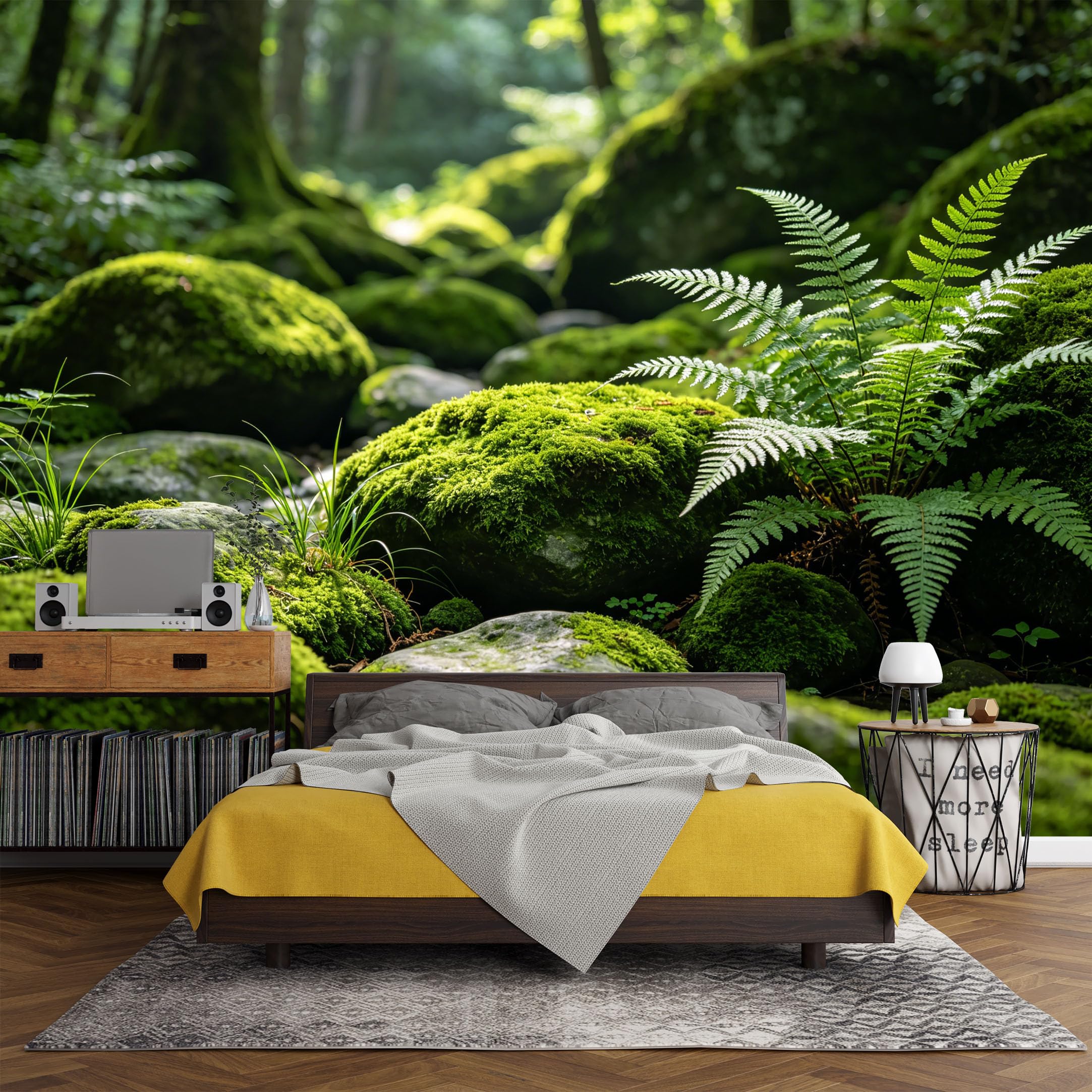 Custom Size Wall Mural， Forest Moss Fern Green Nature Landscape Woodland Tranquil Scene， SelfAdhesive Art Prints wall Fabric (No PVC) Removable Wallpaper Living Room Decor