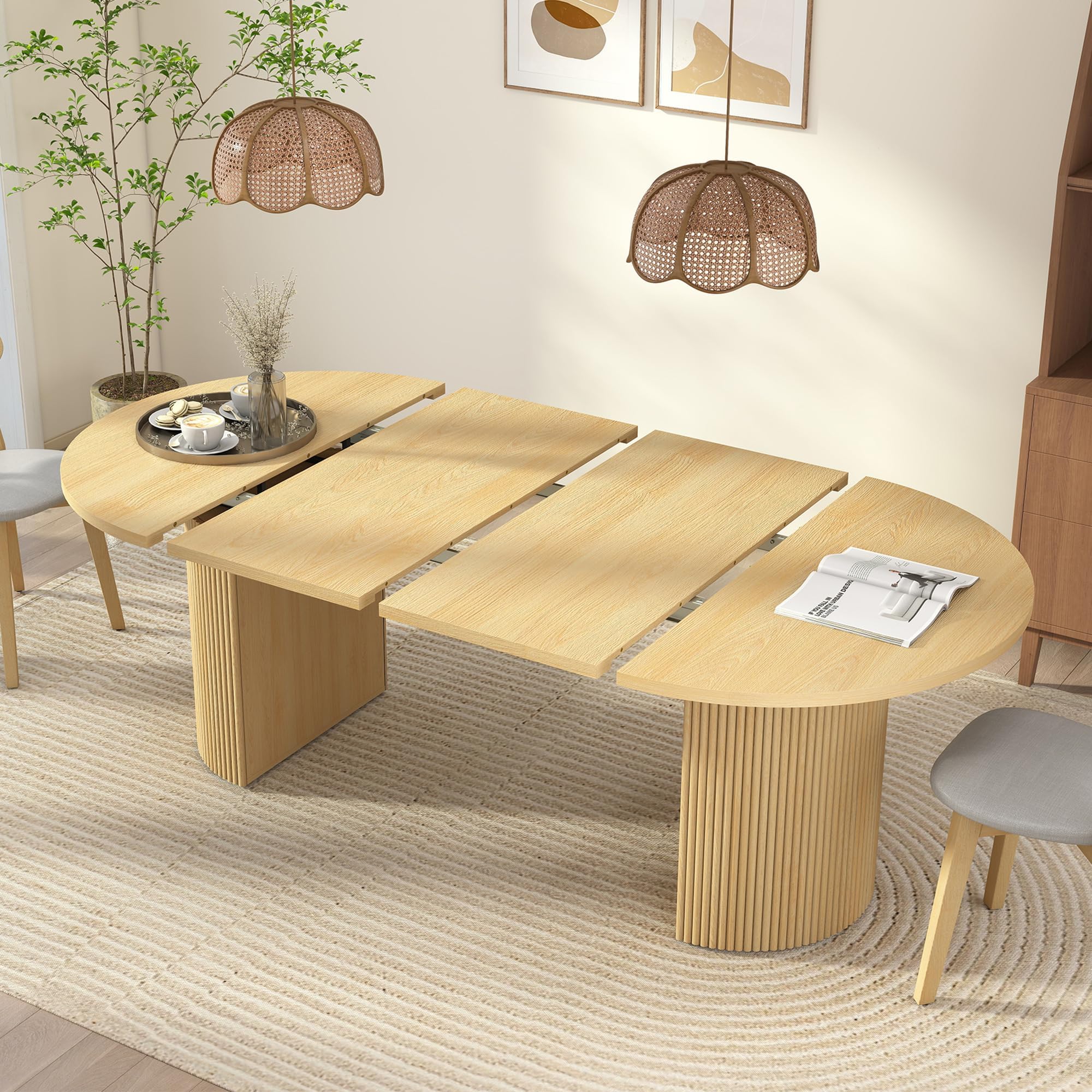 41 in-78 in Extendable Dining Room Table for 4-8, Round Expandable Kitchen Table with Fluted Base, Modern Farmhouse Oval Dinner Tables for Dining Room Kitchen Living Room (Natural)
