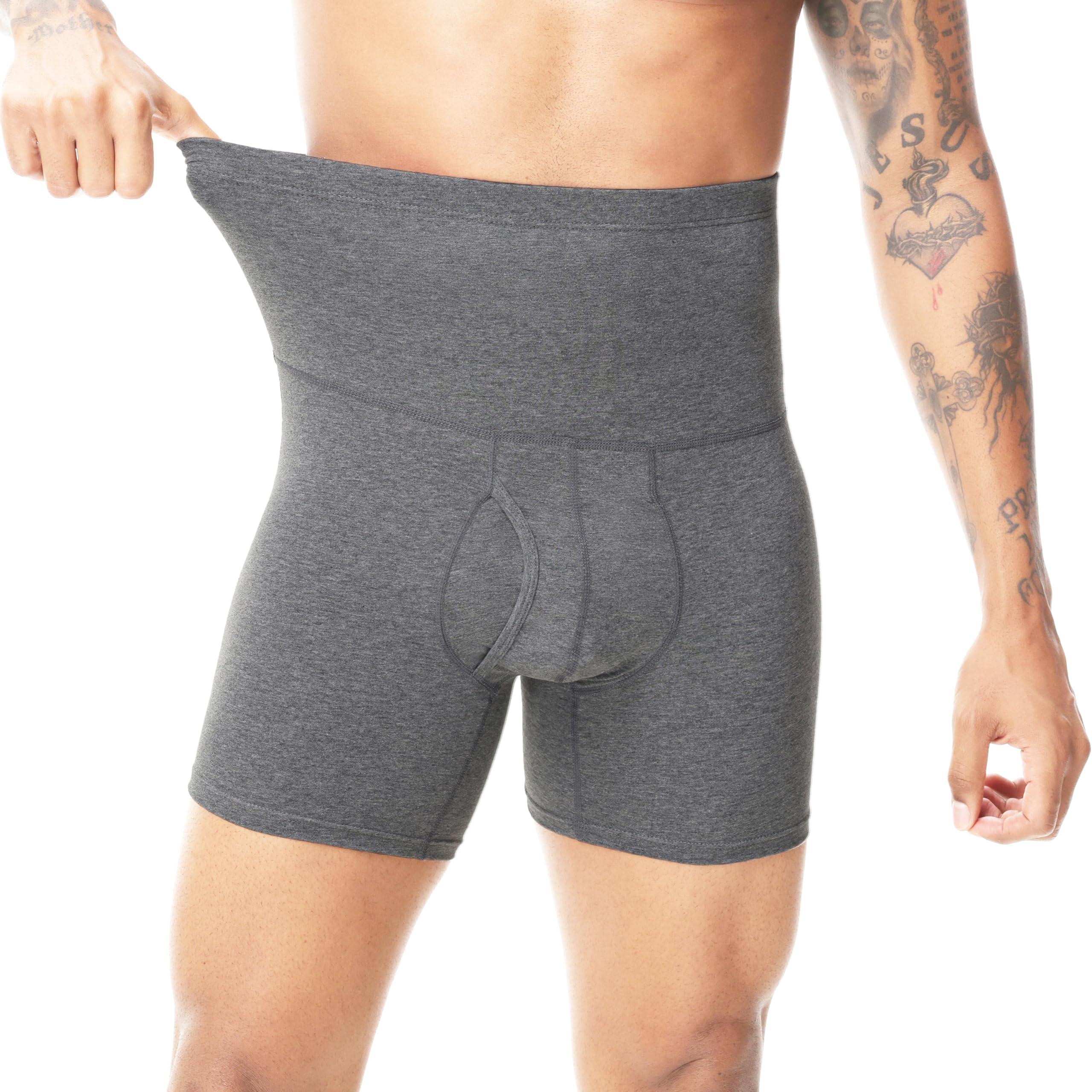 Men's Cotton High Waist Mens Shapewear Boxer Shorts - Soft Breathable Underwear with Easy Access Open Fly & Comfort Fit