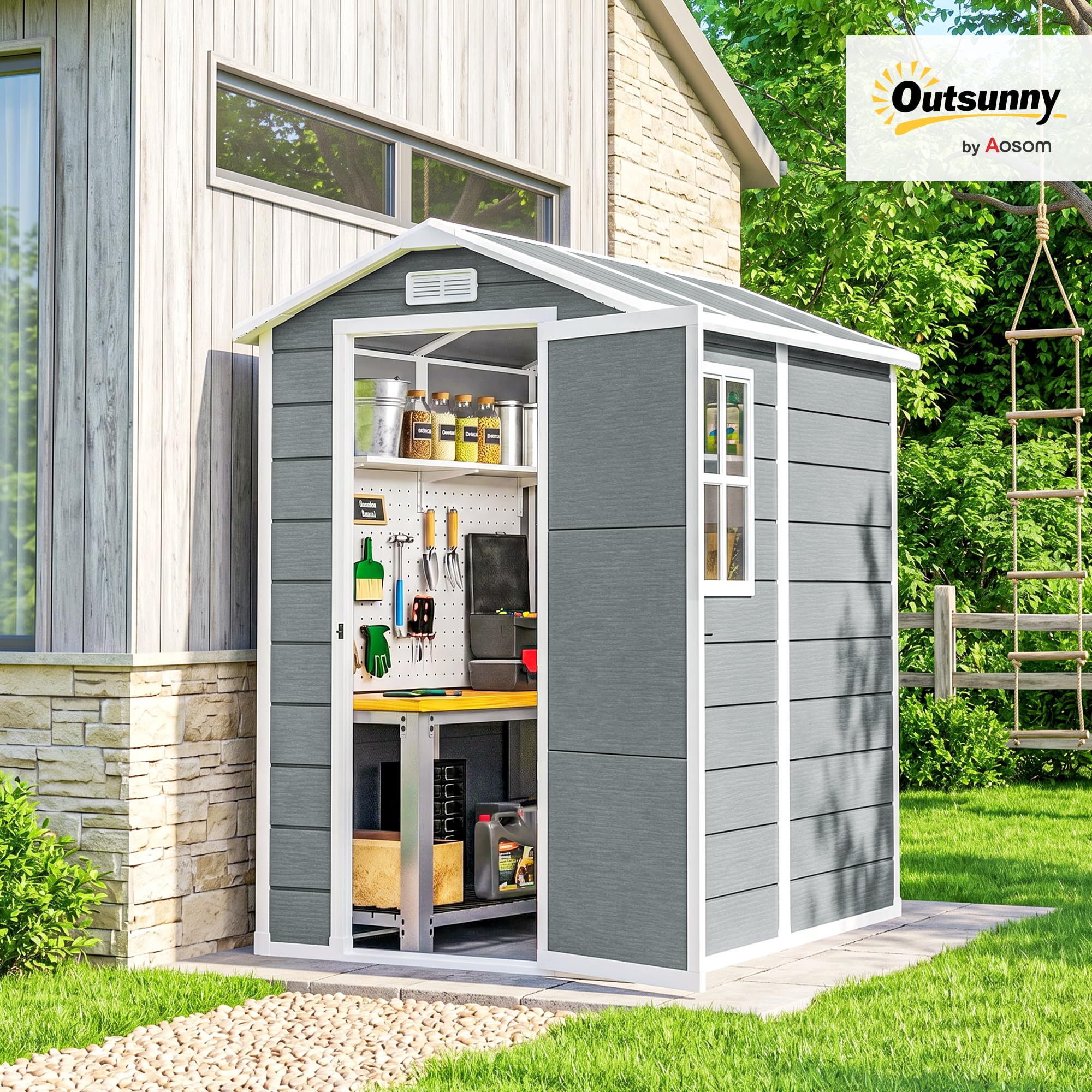 Outsunny Caseta de Jardín Exterior con Suelo 2,1 m² 131x186x198 cm Gris | Cobertizo de Jardín Exterior, Puerta Corredera, Ventana, Techo Inclinado, para Almacenamiento de Herramientas
