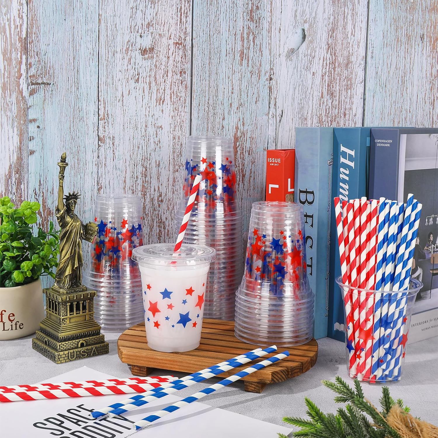 FYSUIMU 50 Pcs 12 Oz Patriotic Plastic Cups with Lids & Straws Red Blue Star Disposable Cups 4th of July Clear Drinking Cups for Independence Day Memorial Day Party Supplies