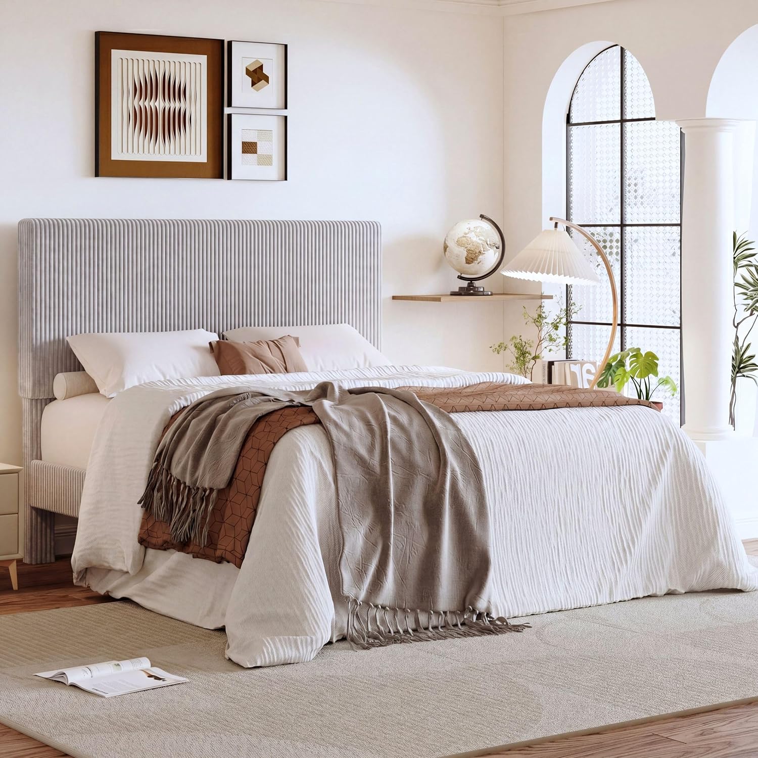 SHA CERLIN Queen Bed Frame, Velvet Platform Bed Frame with Vertical Channel Tufted Headboard, Upholstered Corduroy, Strong Wooden Slats, No Box Spring Needed, Easy Assembly, Light Grey