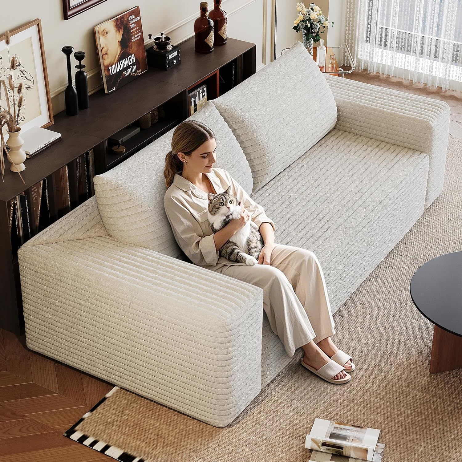 63" Boneless Cloud Couch White Loveseat, No Assembly Required Comfy Deep Seat Small Love Seat Floor Memory Foam Couch Plush Corduroy Sofa for Living Room Bedroom Apartment Small Spaces (White)