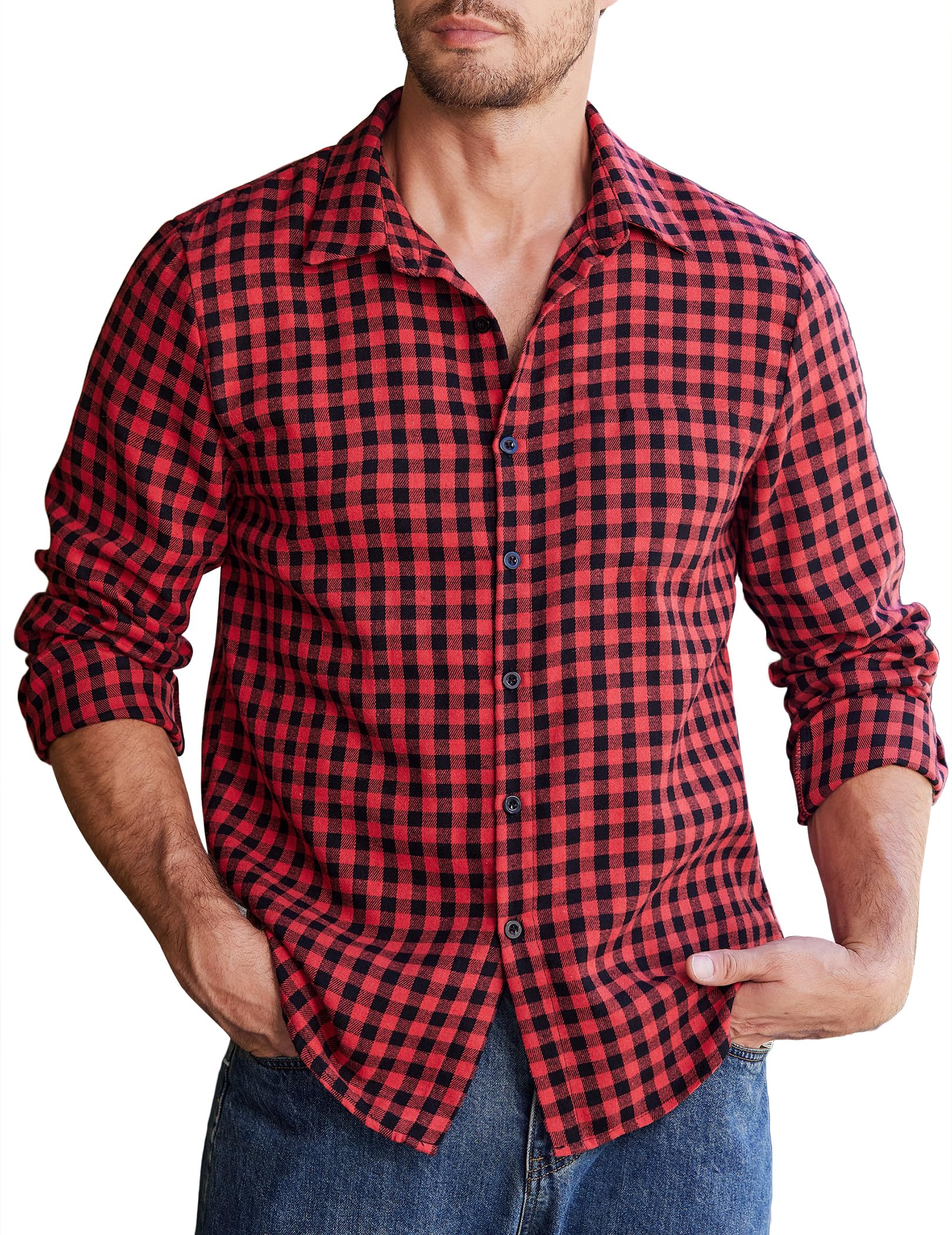 COOFANDY Camisa a cuadros de manga larga para hombre, corte regular, camisa a cuadros de franela, camisa de trabajo con botones