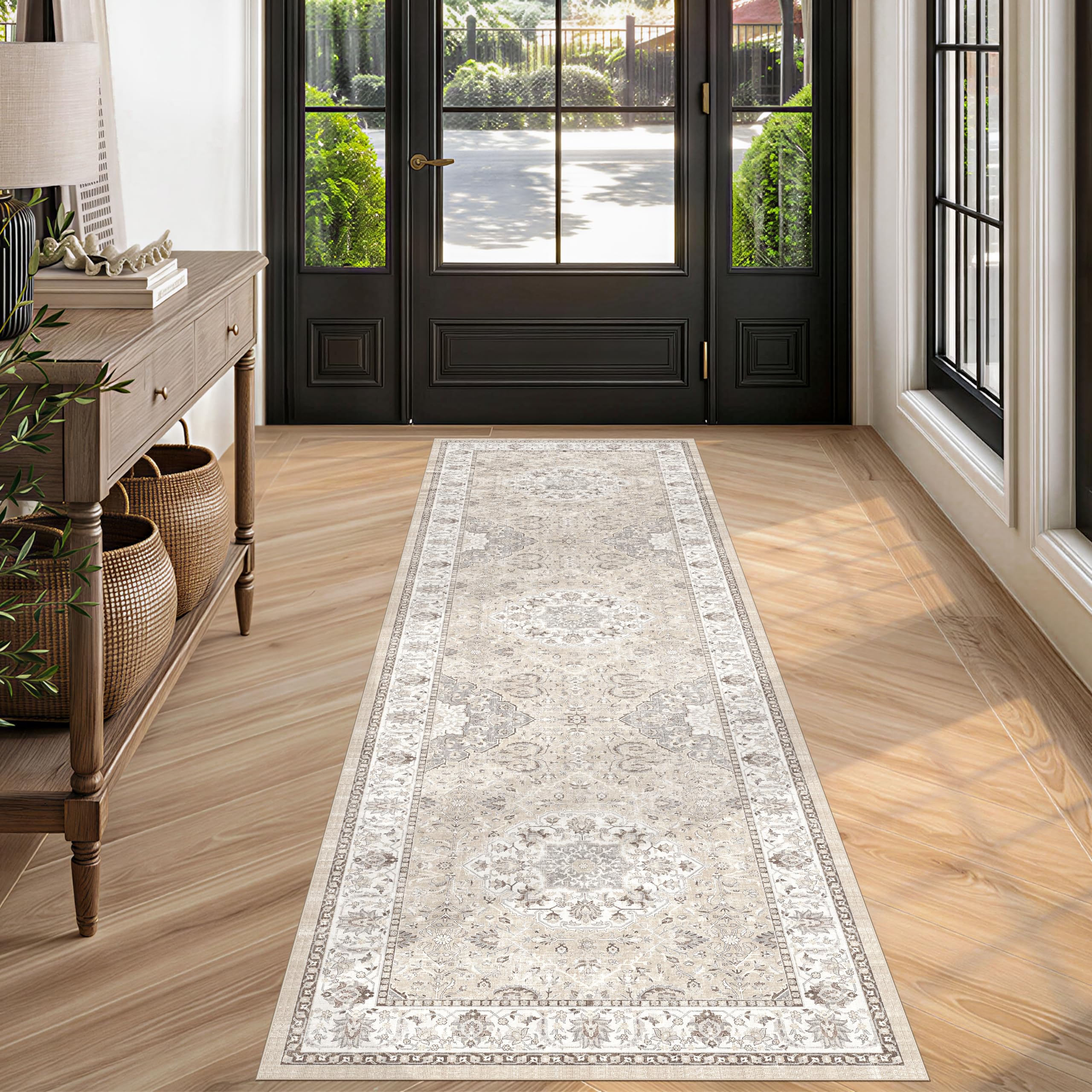HY HAOYUNLAI Washable 2'6x8 Hallway Runner Rug Kitchen Non-Slip Slim Carpet | 2.6x8 Beige Entryway Rug Runner Elegant Soft Floor Mat Indoor Farmhouse Carpet Bathroom Living Room Bedroom Stain Resistant
