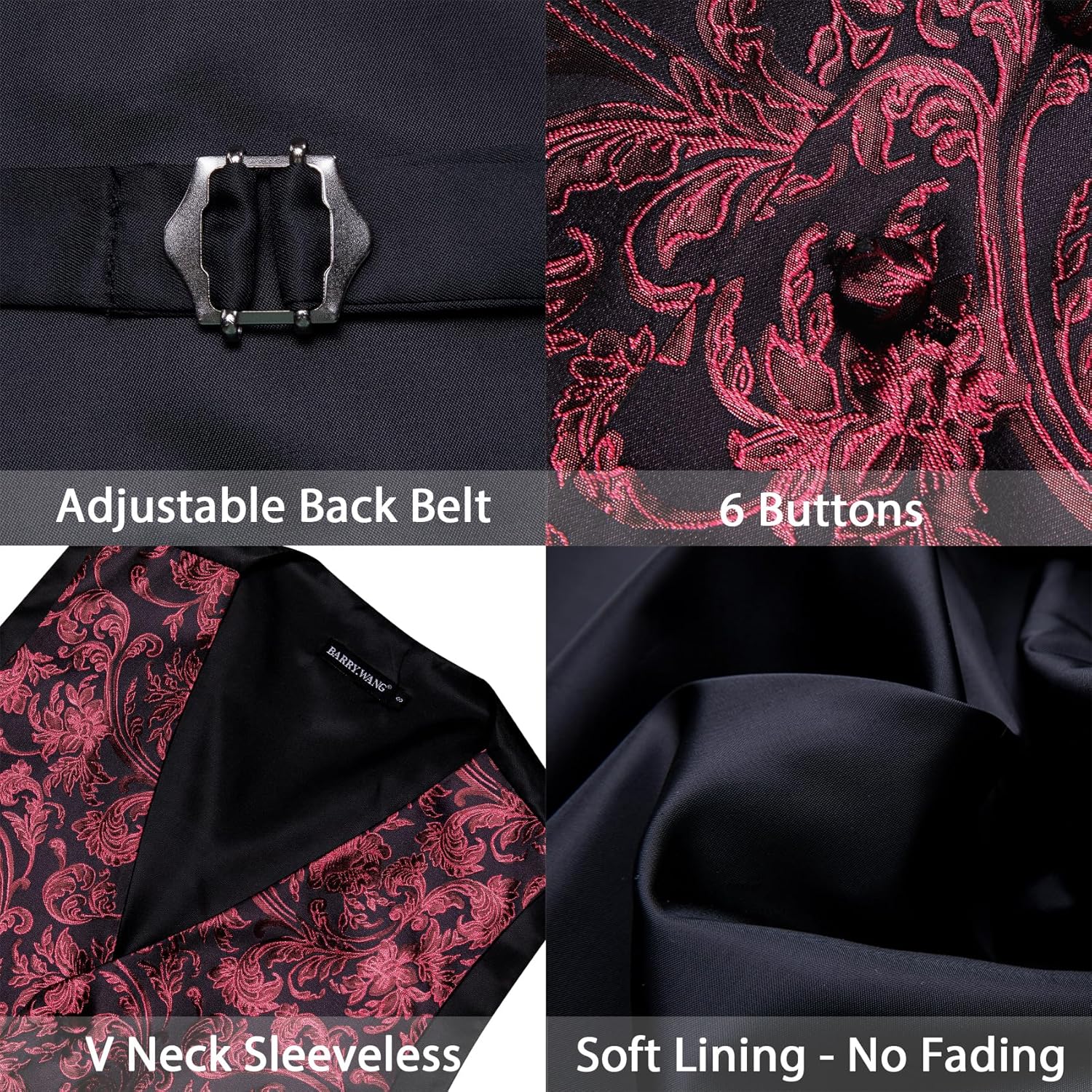 Barry.Wang Men's Suit Vest Tie Bowtie Set Formal Silk Paisley Waistcoat Hanky Cufflinks Lapel Pin Set Wedding Party 7PCS - Image 5