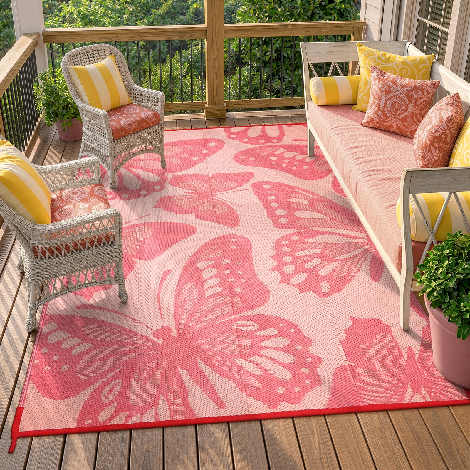 Photo 1 of Wonnitar Waterproof 6x9 Outdoor Rug for Patio Clearance, Reversible Plastic Straw Rug Large Portable Camping RV Rug, Butterfly Outside Area Rug for Backyard Balcony Garden, Pink
