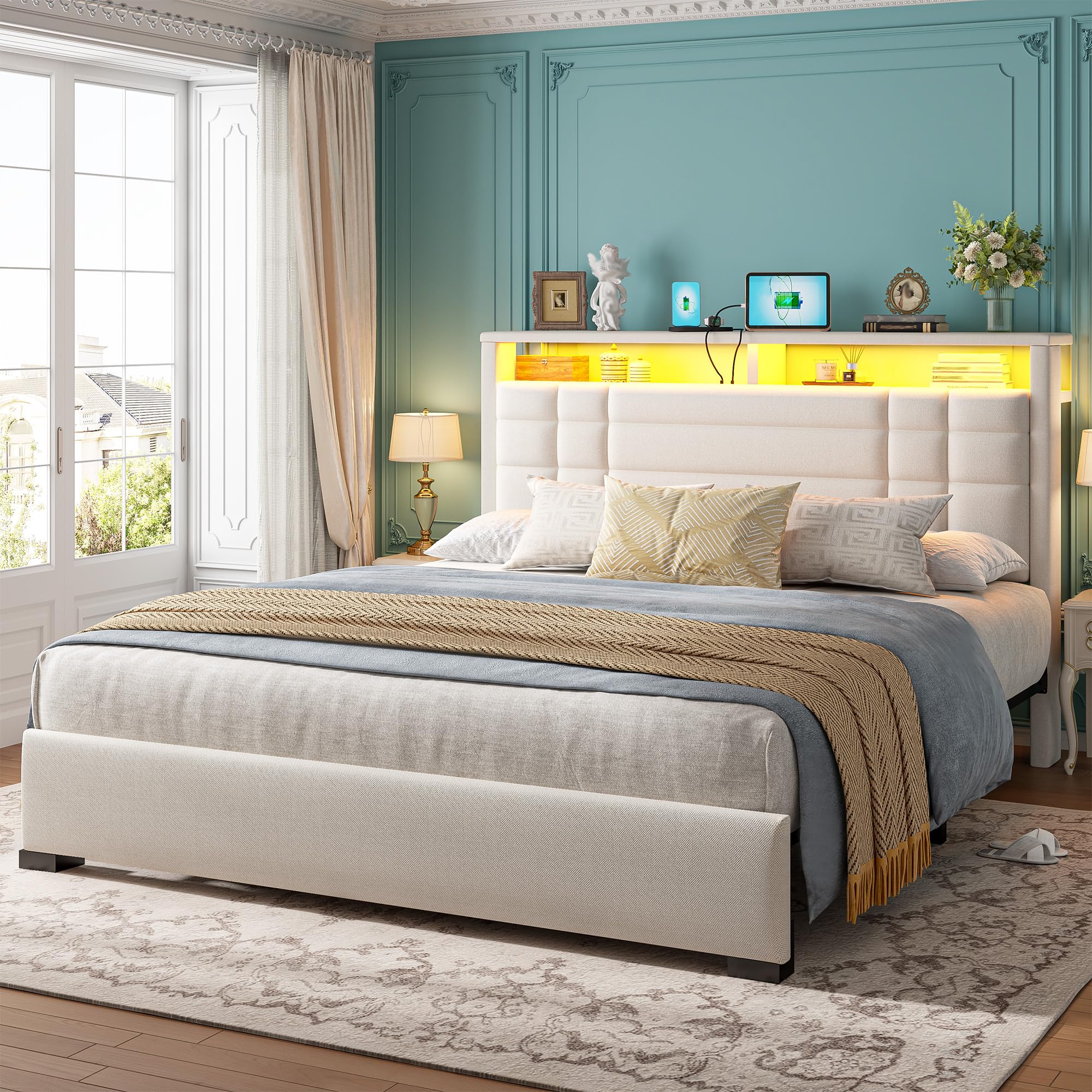 EnHomee Queen Size Bed Frame with Charging Station and LED Lights, Queen Bed Frame with Storage, Upholstered Platform Bed Frame, Sturdy Metal Slats,