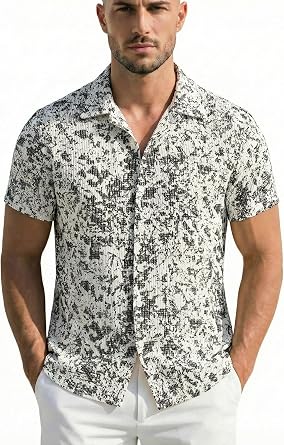 Mens Casual Shirts with Tropical Print, Short Sleeve and Notched Collar Design