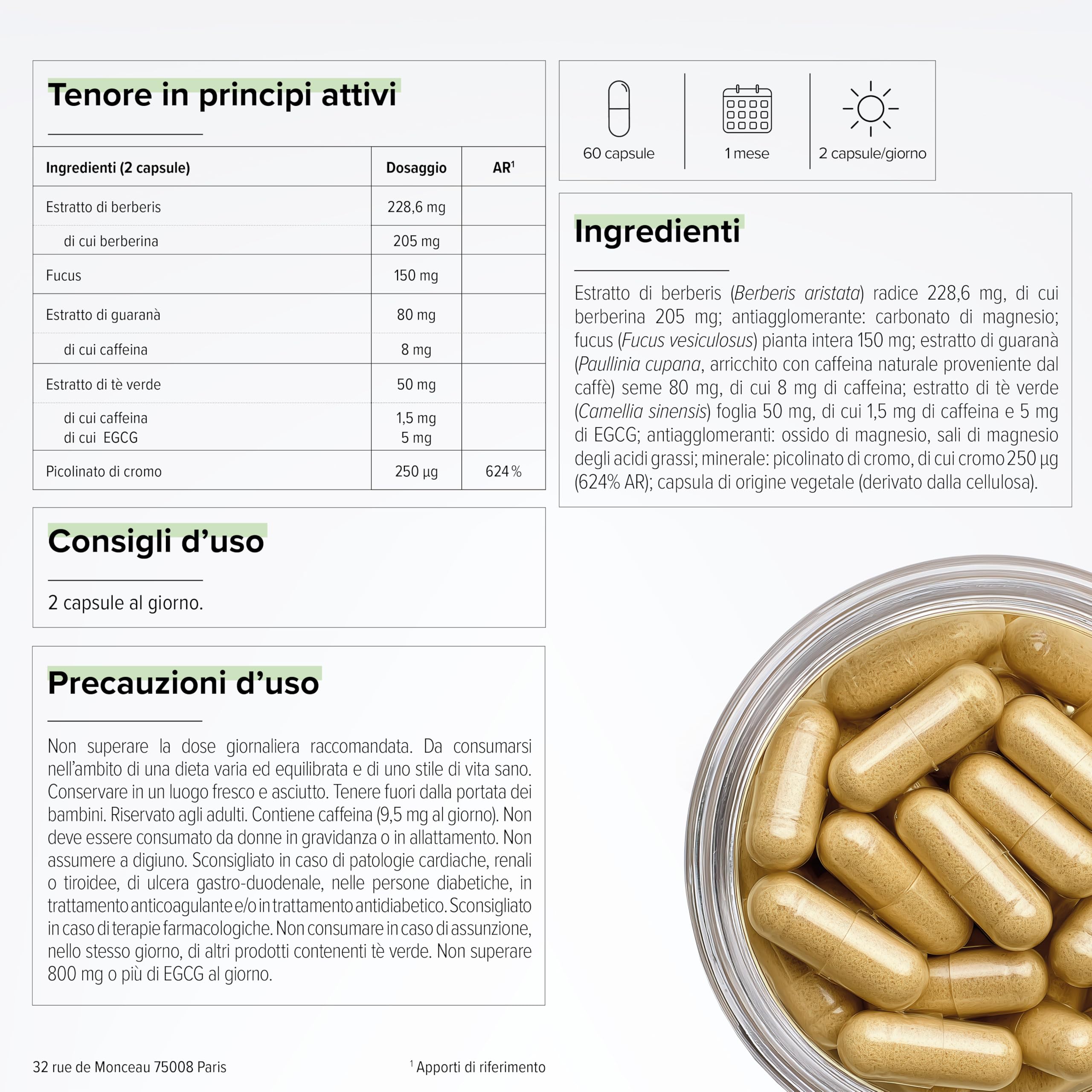 GLP-1 Boost – Con Berberina – Cromo 250 µg – Tè Verde, Fucus & Guaranà – Sazietà & Glicemia – Metabolismo – 100% Vegano – 60 capsule – Prodotto in Francia – Beyond Elements
