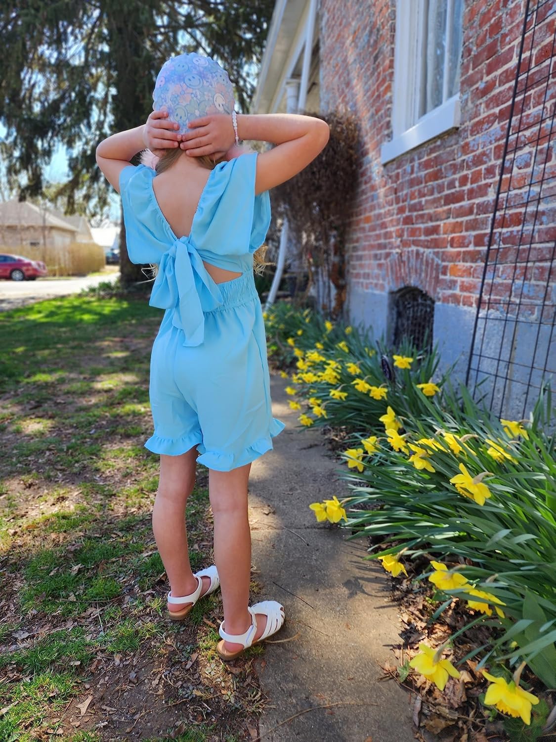 Arshiner Girls Summer Jumpsuits Tie Back Off Shoulder Short Sleeve One Piece Rompers Ruffle Smocked Casual Shorts Outfits - Image 7