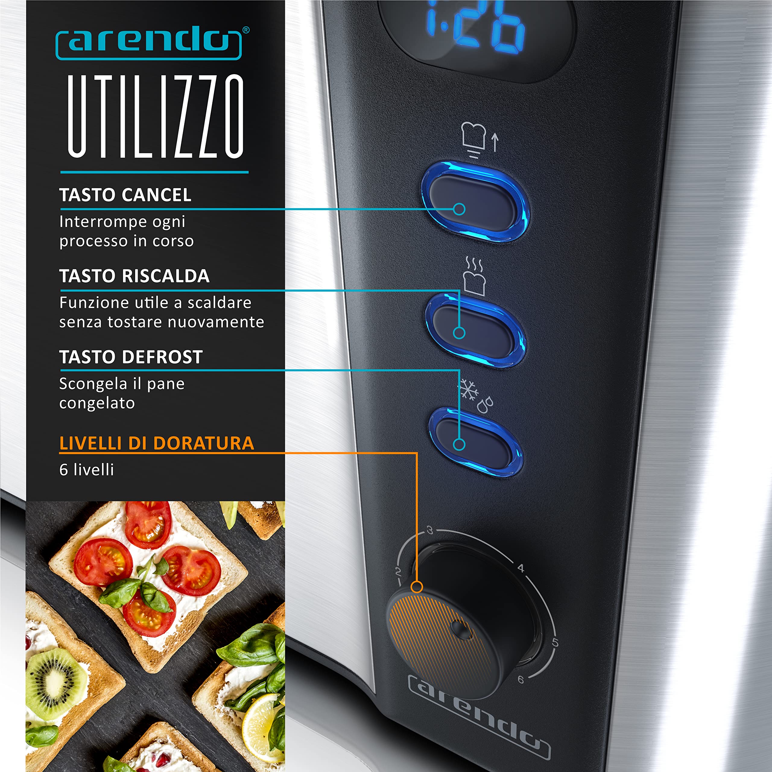 Arendo - Tostapane a fessura lunga 2 fette - Funzione scongelamento - 1000 W - Doppia parete - Accessorio scalda cornetto - Grado di doratura 1-6 - Display con indicatore del tempo rimanente - Argento