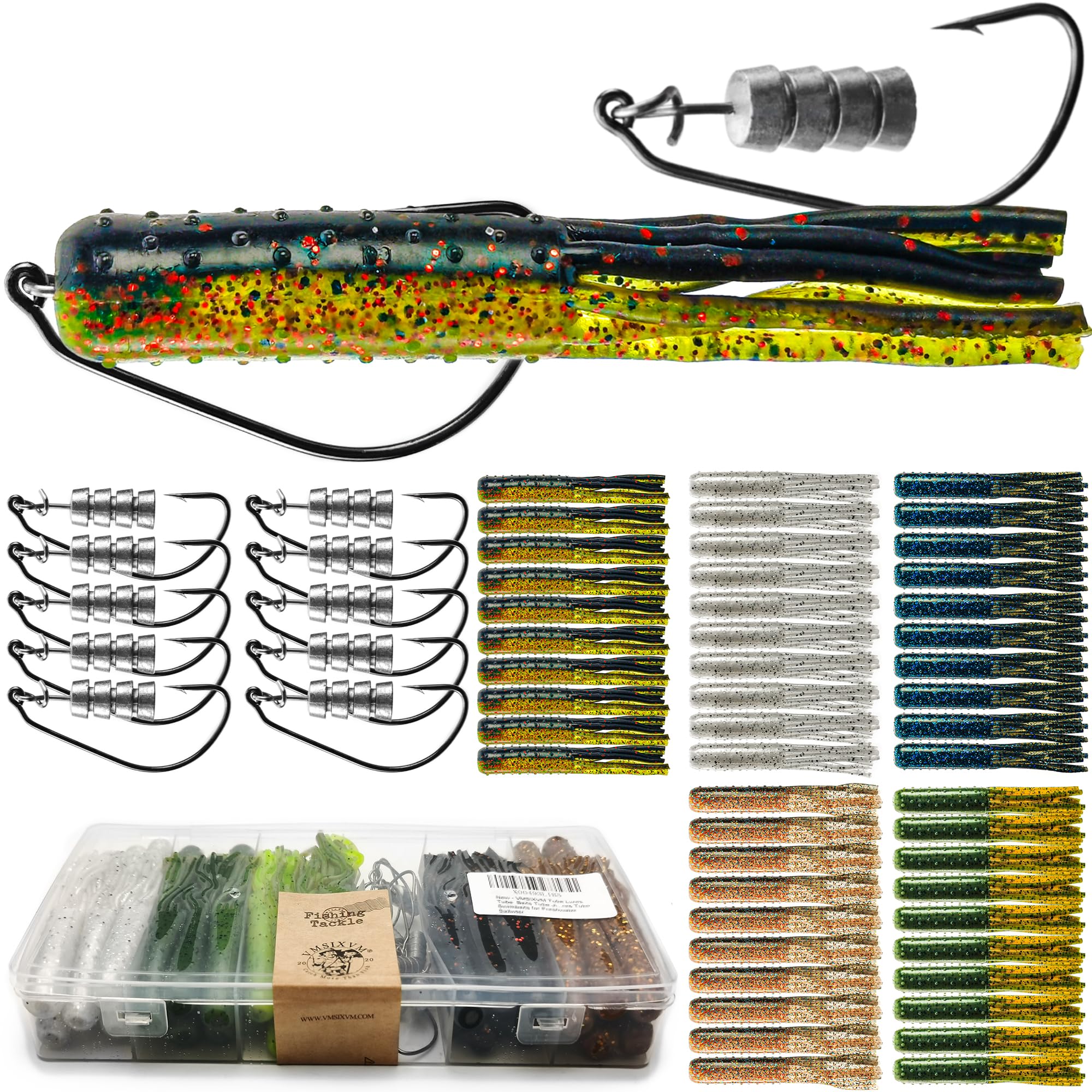 VMSIXVM 80/65/60 Pcs Tube Lures with Soft Plastic Baits Worms Jig Heads for Bass Fishing, Tube Jigs Hooks Rigs Crappie Lures for Freshwater Saltwater