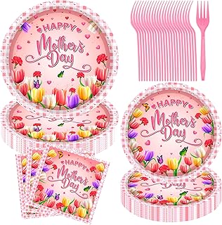 Mothers Day Decorations for Party, 96 Pcs Happy Mother's Day Party Paper Plate and Napkins Table Decorations Tableware Set for Best Mom Ever Flowers Theme Mother's Day Decorations