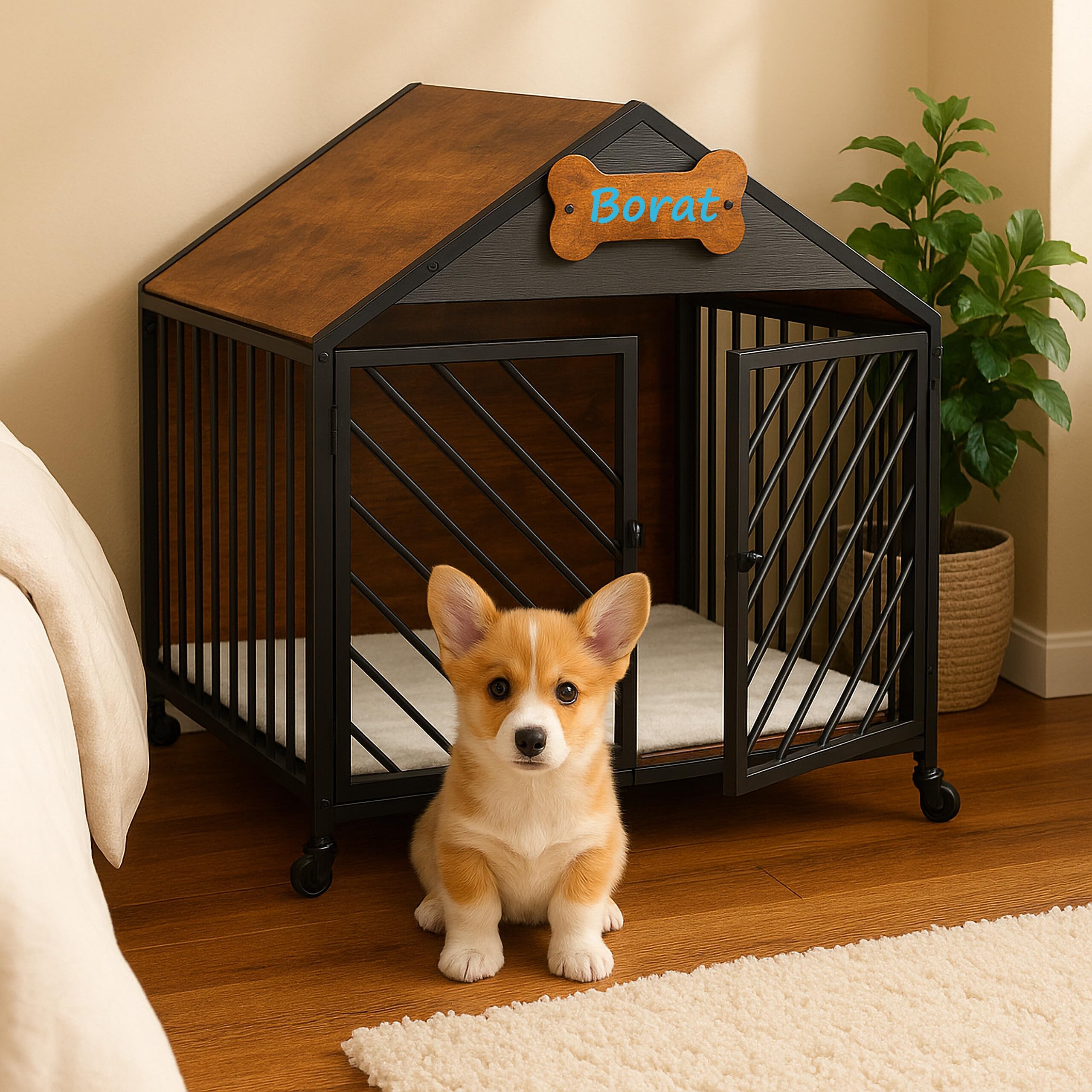 Relaxdays Cage pour Chien Style Industriel avec roulettes, MDF/Acier Brun/Noir, 73x70x53 cm