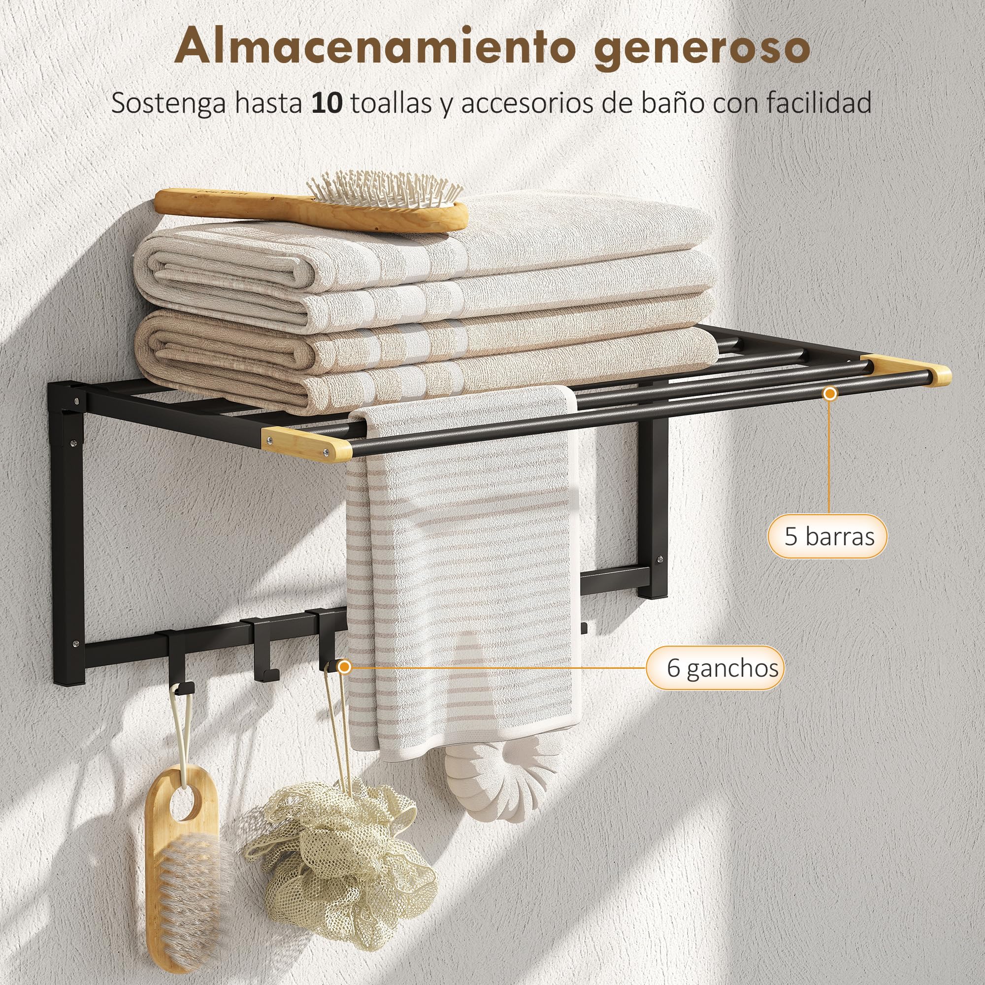 HOMCOM Portasciugamani a parete pieghevole 5 barre 60 cm Nero