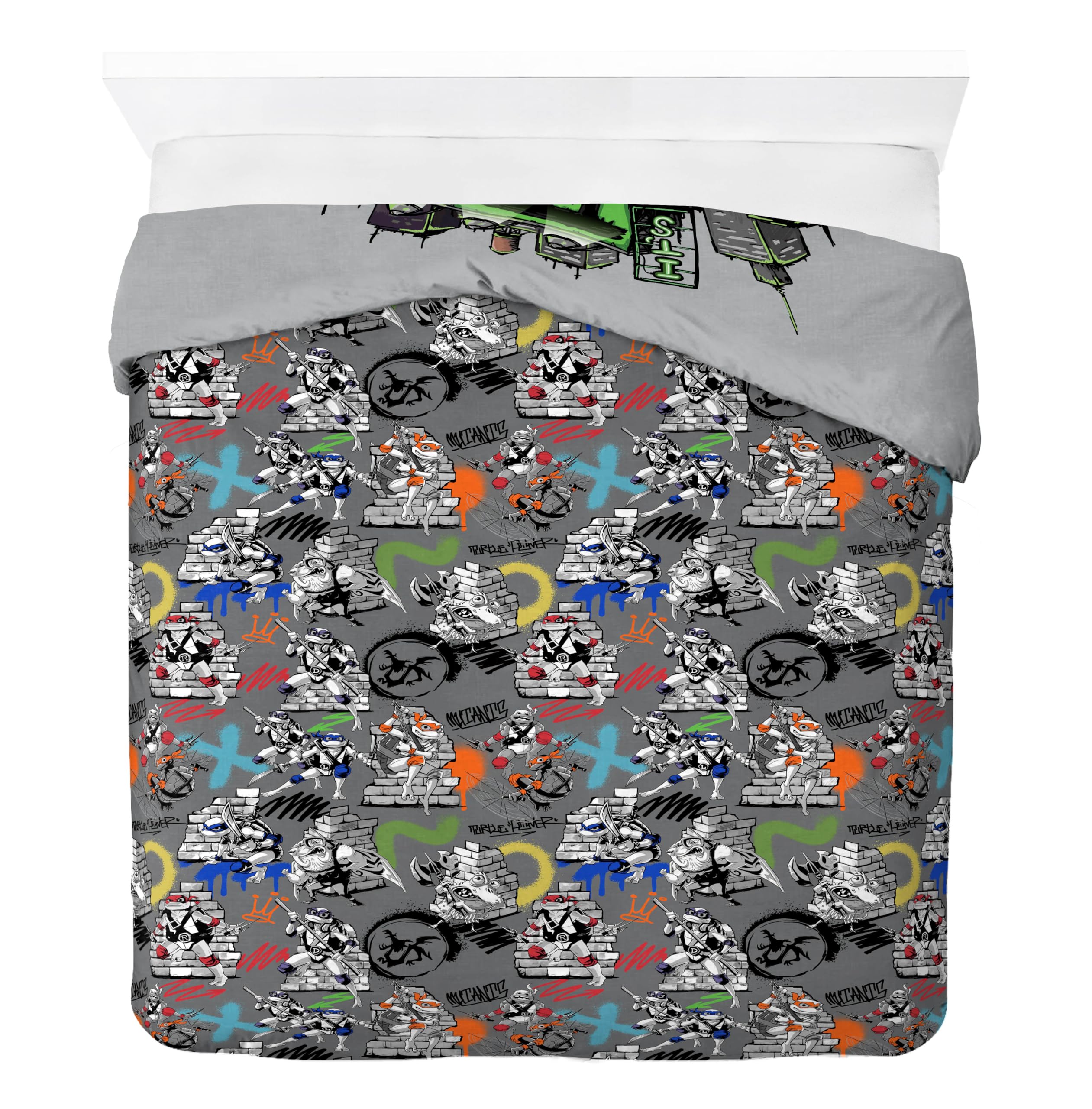 Jay Franco Nickelodeon - Set copripiumino e federe, motivo: Tartarughe Ninja, 3 pezzi, super morbido, confortevole, grigio