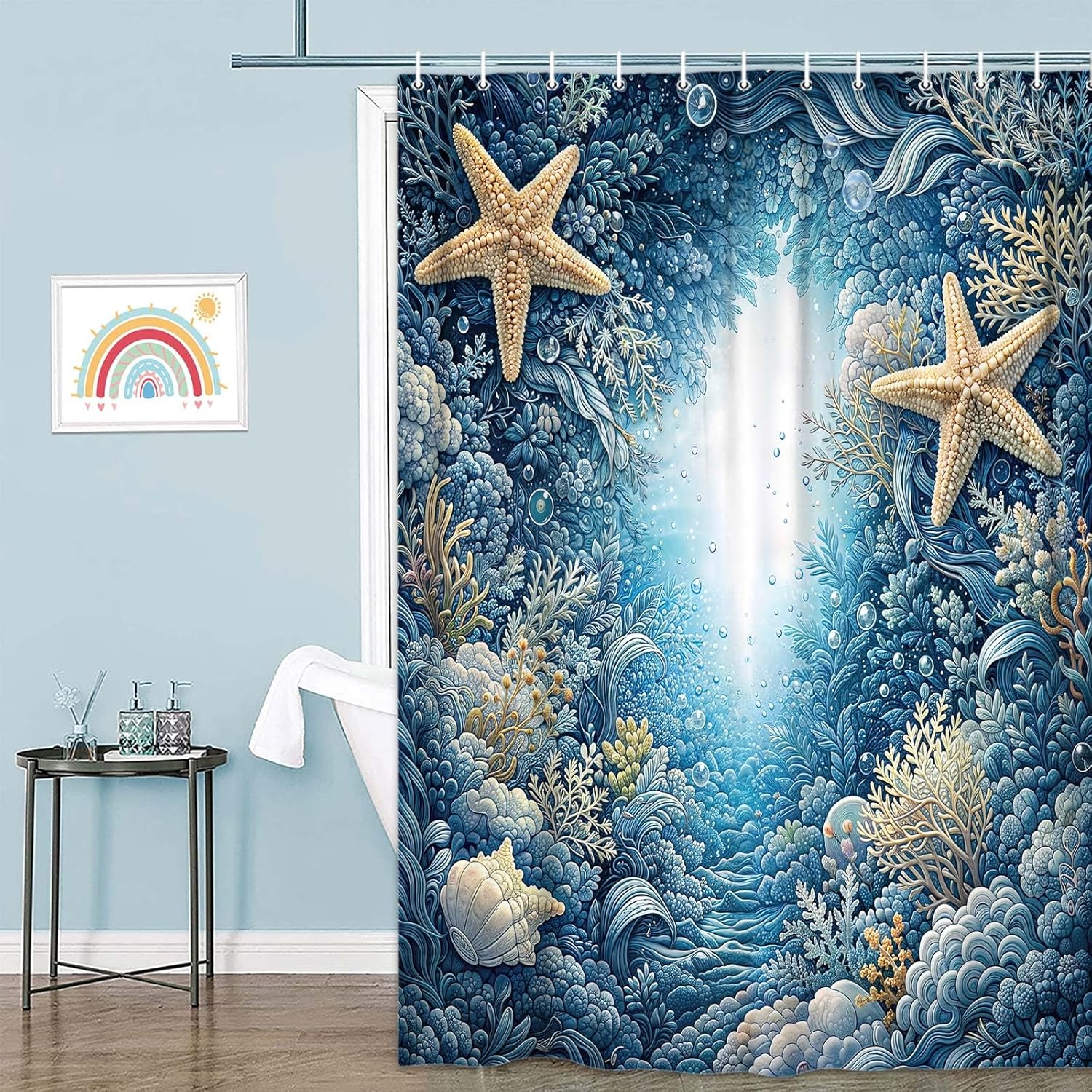 Teal Ocean Coral Starfish Nautical Shower Curtain, Blue Underwater Sea Life Waterproof Fabric Bath Curtain, Nautical Beach Coastal Bathroom Decor for Bathtub & Shower Stall 70X75IN