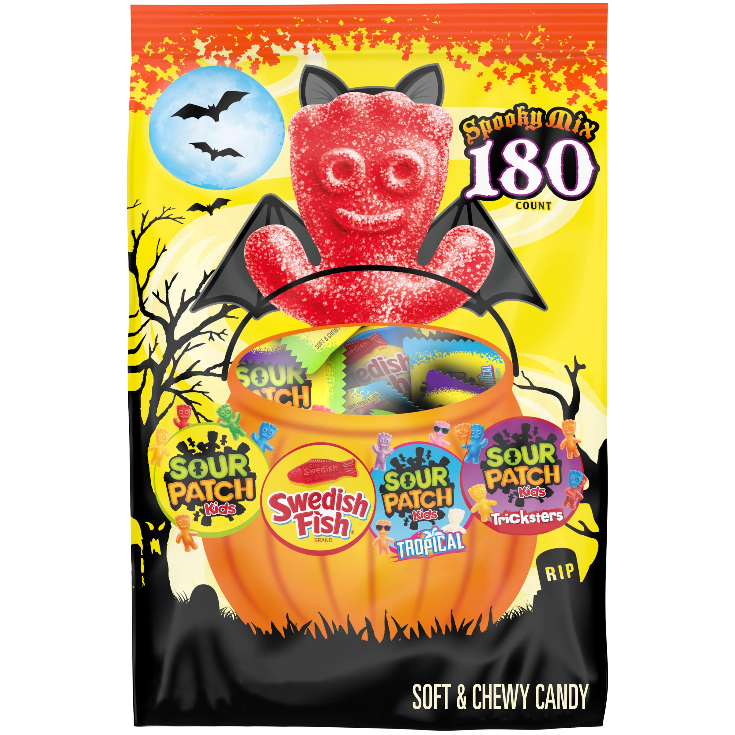 SOUR PATCH KIDS Candy (Original, Tricksters and Tropical) and SWEDISH FISH Candy Halloween Candy Variety Pack, 180 Trick or Treat Snack Packs