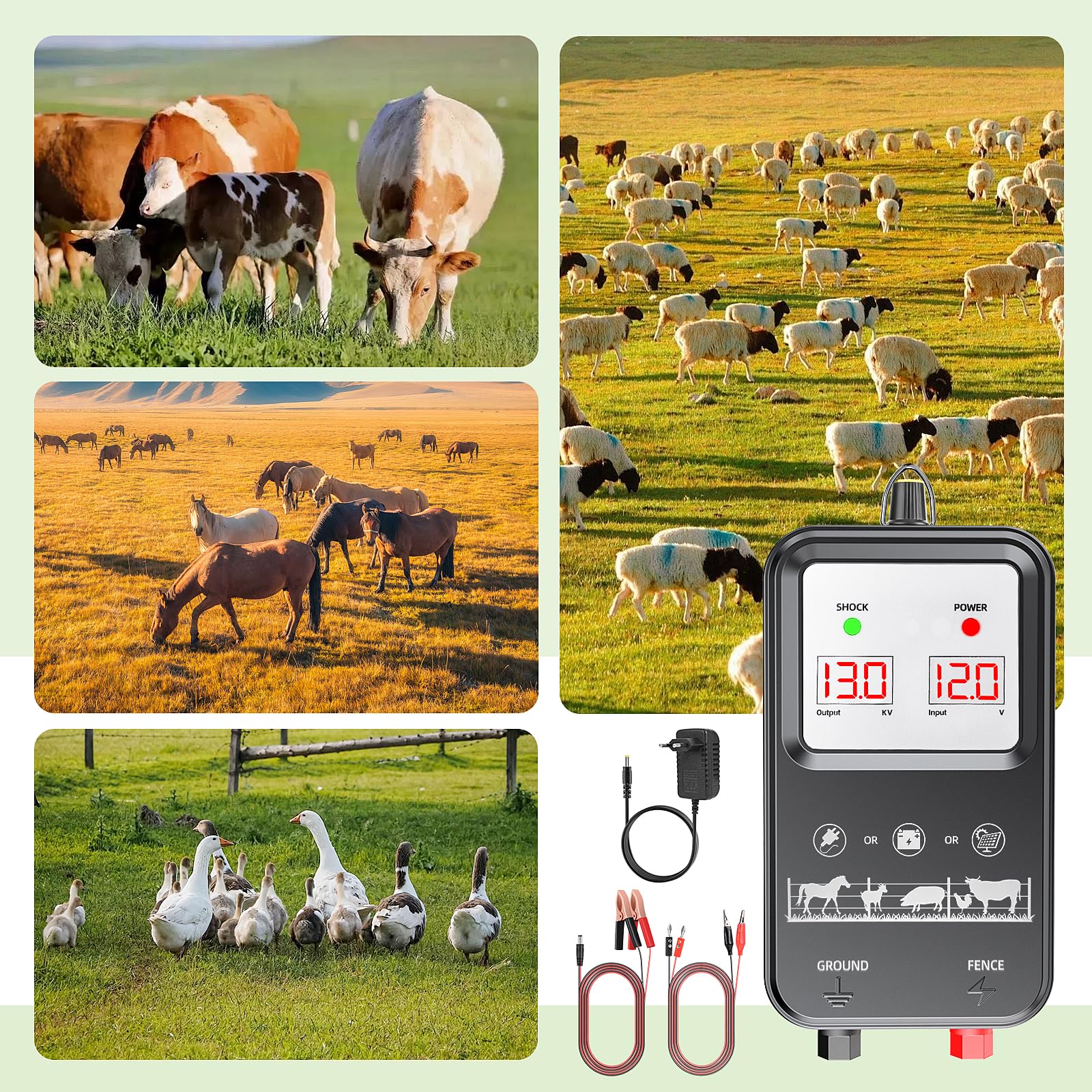 10KM Recinto Elettrico per Animali, Potente Elettrificatore per Recinzione Elettrica da 2 J con display LCD, Recinzione Elettrica Impermeabile IP44 ad Alta Potenza per Fattoria, Giardino, Pascolo (B)
