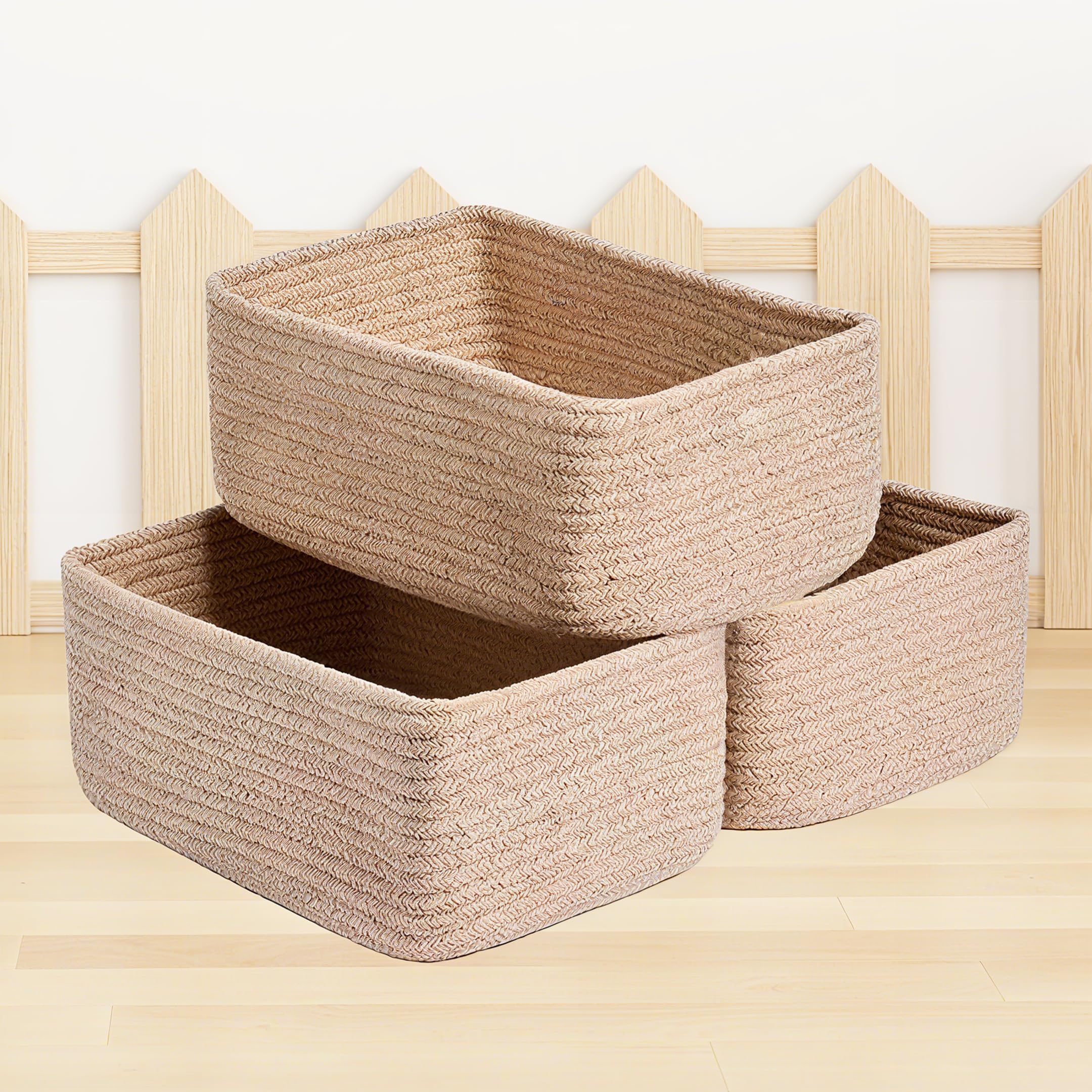 Hopelit 3er Set Aufbewahrungskorb Geflochten Baumwollseil, Aufbewahrungskorb Kinder mit Griffen Stapelbare Multifunktionelle Organizer Körb Für Kinderzimmer Wickeltisch Organizer - Flachs