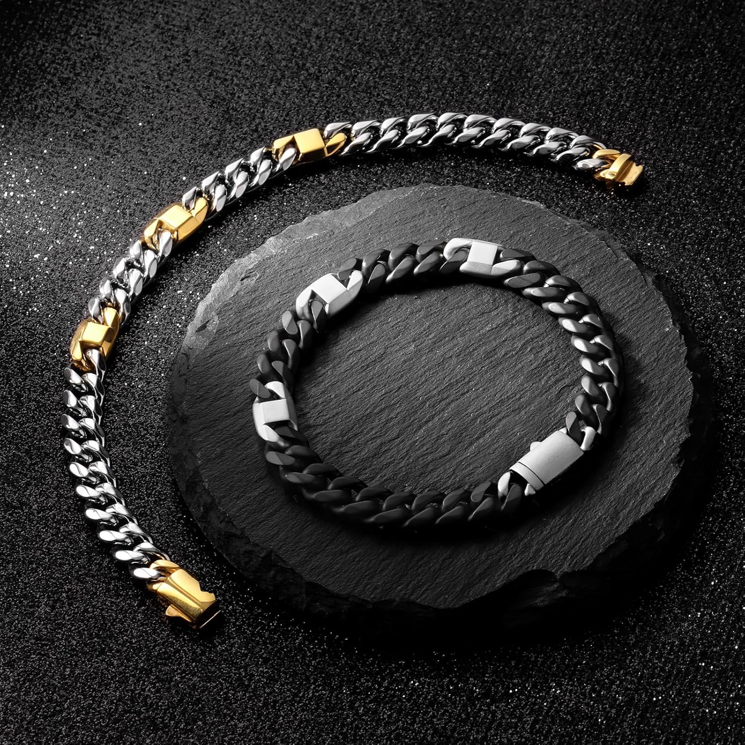 Mens Cuban Chain Link Bracelet - Stainless Steel Cuban Bracelets for Men - Men's Chains Wrist Jewelry Waterproof - Non Tarnish Metal Miami Bracelet - Mens Trendy Simple Thick Durable Link Bracelets Black & Gold 8.5 inch - Image 2