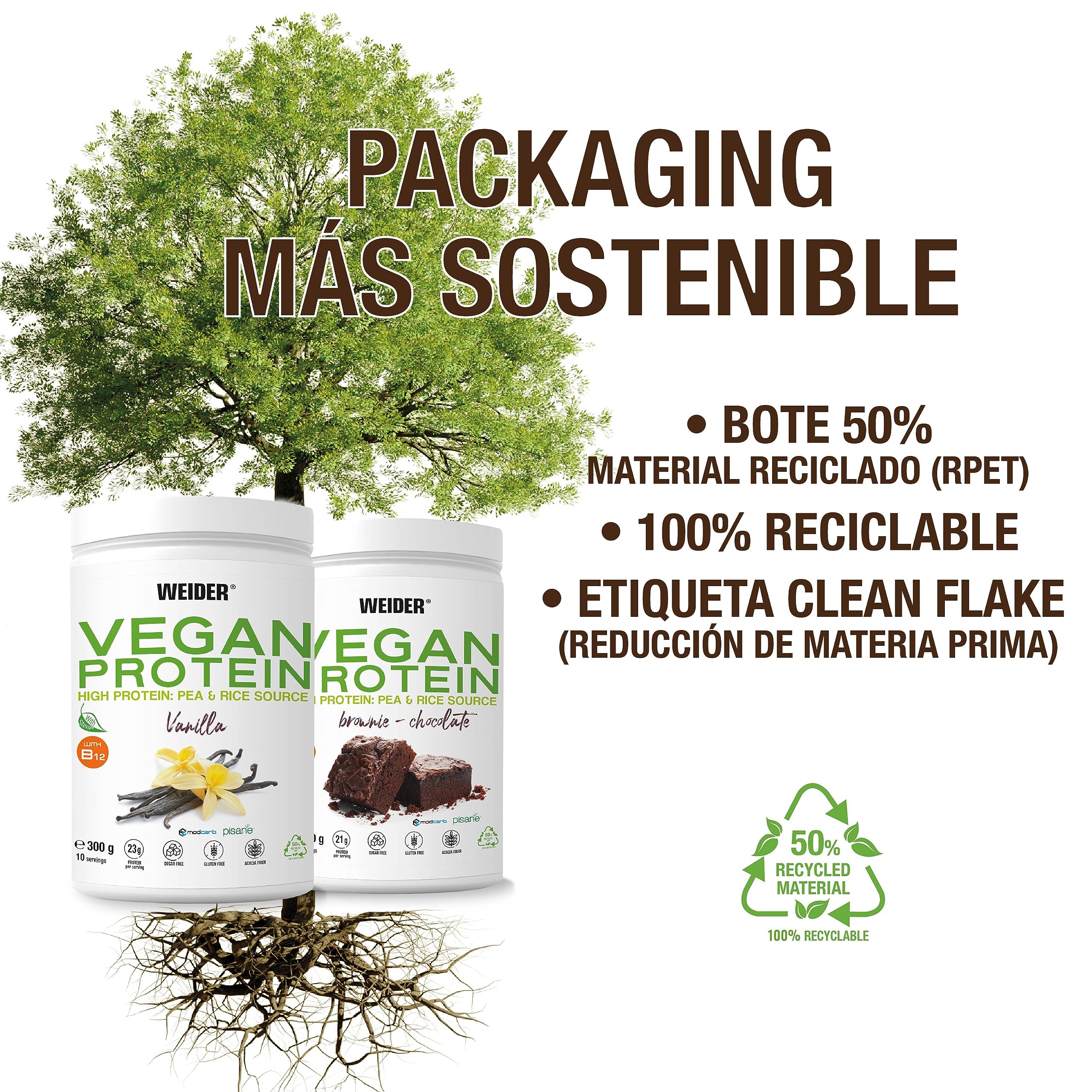 Weider Vegan Protein PACK DUO (2x300g) Sabor Vainilla+Chocolate. Proteína 100% Vegetal Guisantes (Pisane) y Arroz. Con Vitamina B12 y Fibra de Acacia. Sin Gluten, Sin Azúcar. Bote 50% Reciclado.