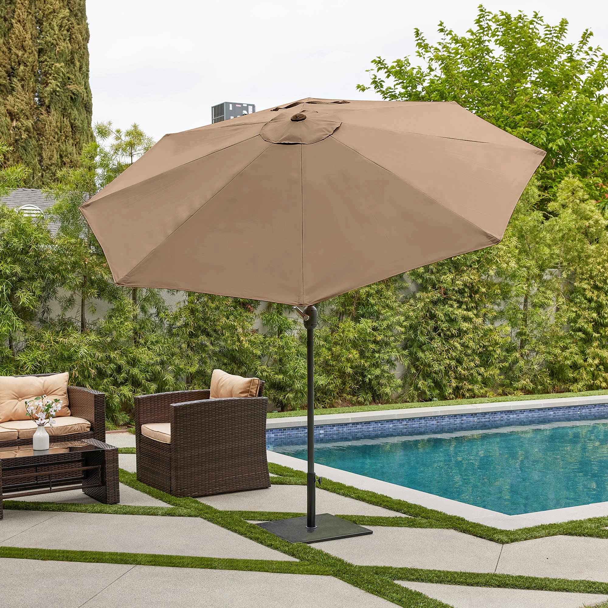 Amazon.com: BELLEZE Mariel 6 Pieces Outdoor Patio Dining Set with 9' Patio Tilt Umbrella (Base Not Included) Wicker Slat Table and Cushioned Chair, Brown : Patio, Lawn & Garden