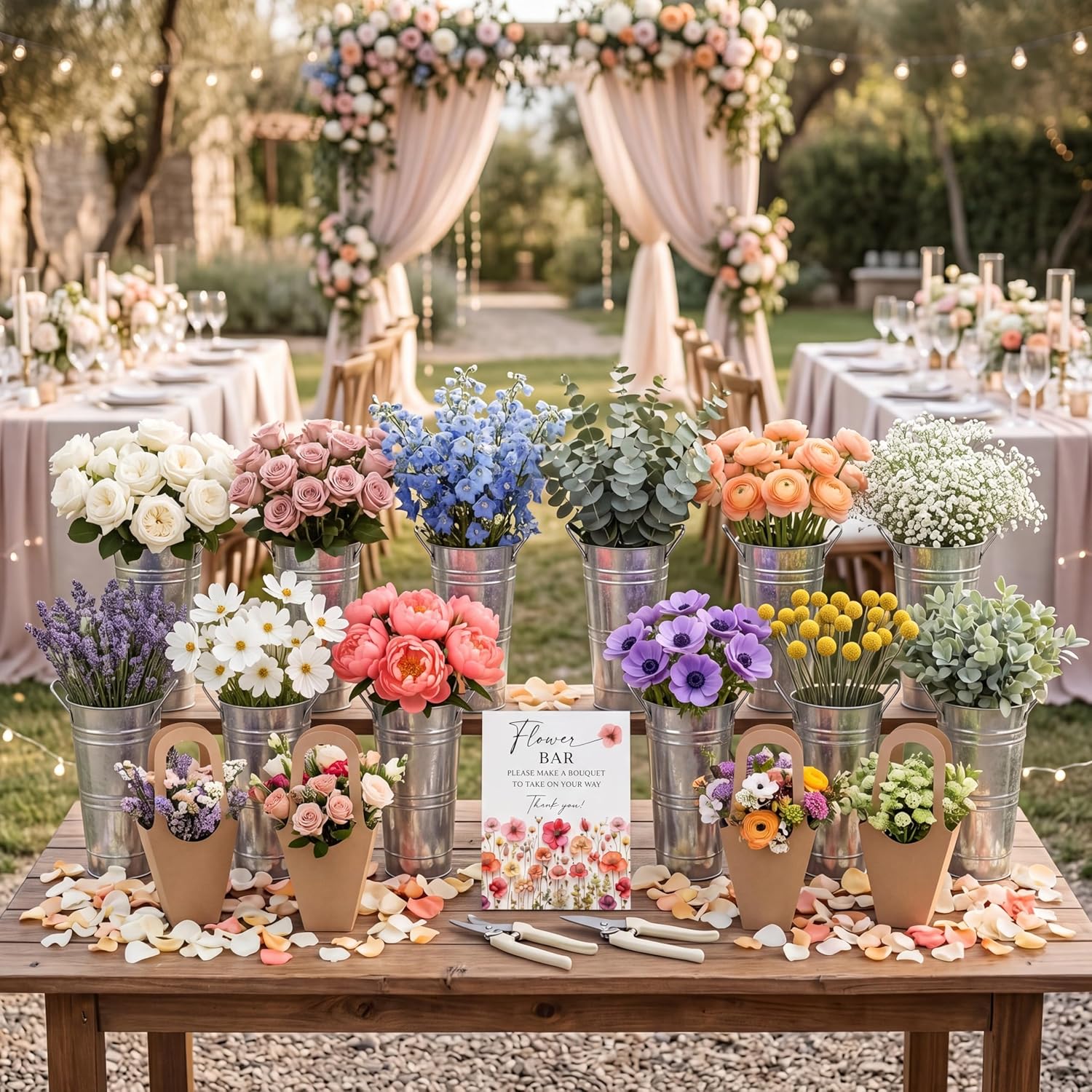 LEIFIDE Flower Bar Buckets Set Kit Bloom Bar Supplies Include Wood Sign Gift Bags Iron Bucket Garden Flower Shears for Wedding Bridal Shower Graduation Birthday Table Centerpieces(45 Pcs,Silver)