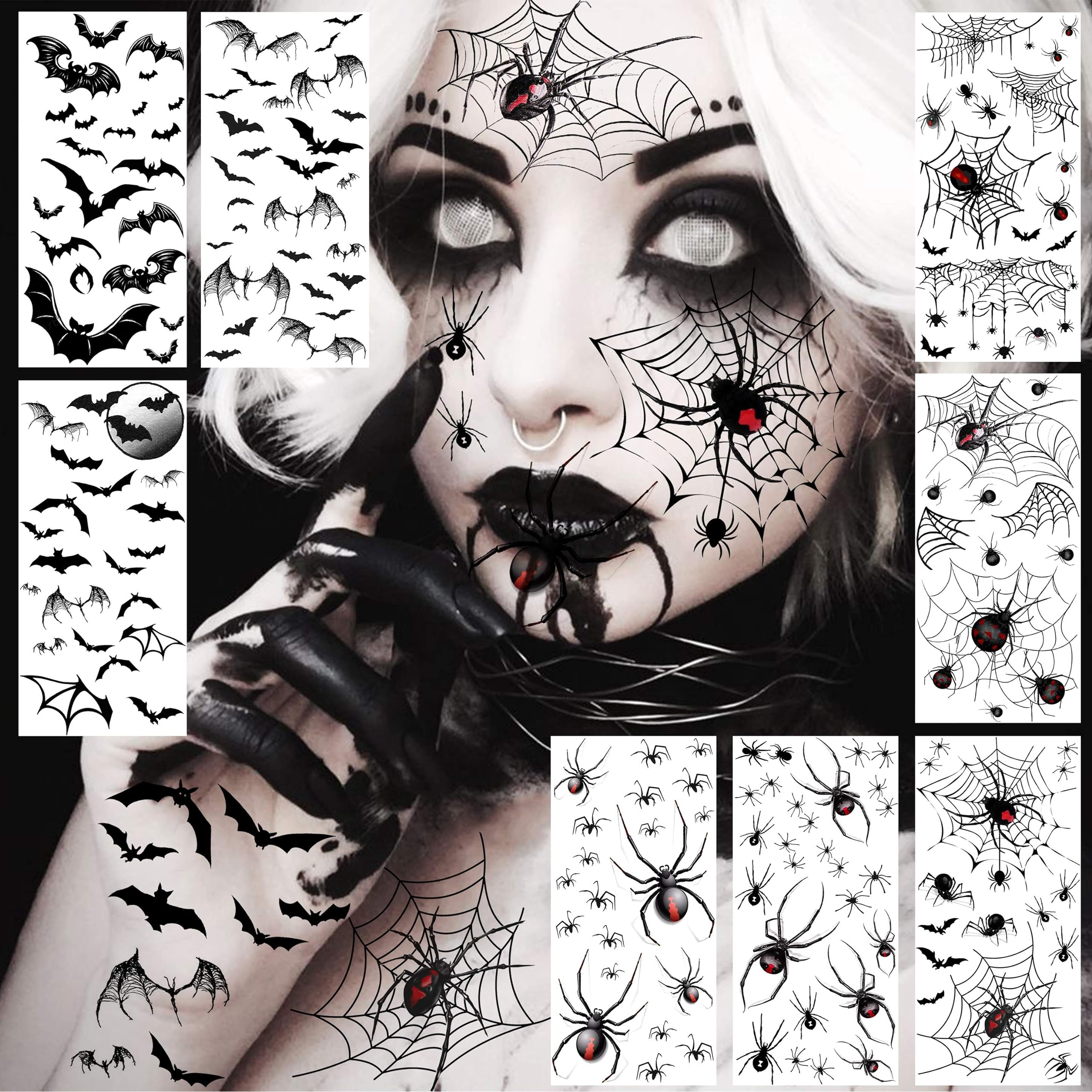 9 Sheets Halloween Spider Web Face Tattoo Stickers, Bat Half Arm Temporary Tattoo Sleeve For Women Men Adults Kids, Scary Spiderweb Witch Makeup for Halloween Face Tattoo, Fake Chucky Zombie Makeup Kit