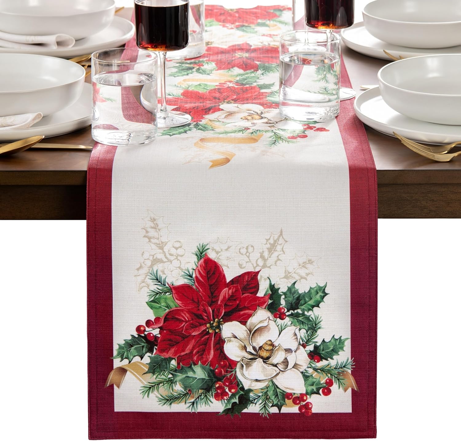 Elrene Home Fashions Poinsettia Garlands Holiday Engineered Table Runner, 13"x70", Multi